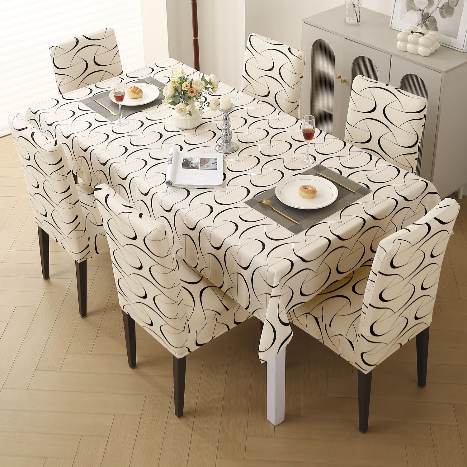 HOKIPO Stretchable Set of 6 Dining Chair Cover with Matching Tablecloth, Natural Beige Abstract Art (AR-5372-C4)-picture-37