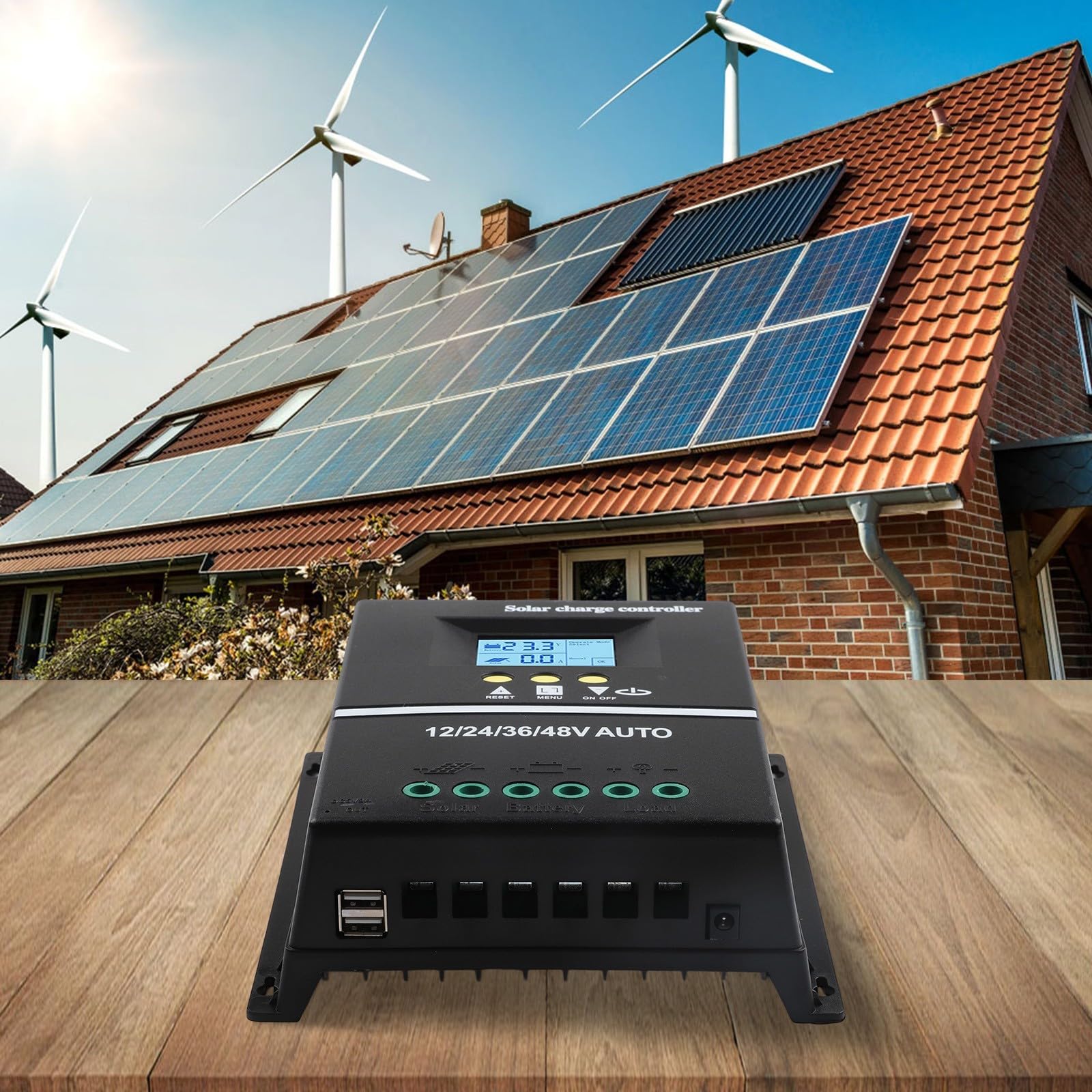Regulador de carga solar MPPT de 200 A con pantalla LCD para sistema de batería de 12 V/24 V/36 V/48 V, puertos USB duales, controlador de panel solar con 7 modos de funcionamiento protección