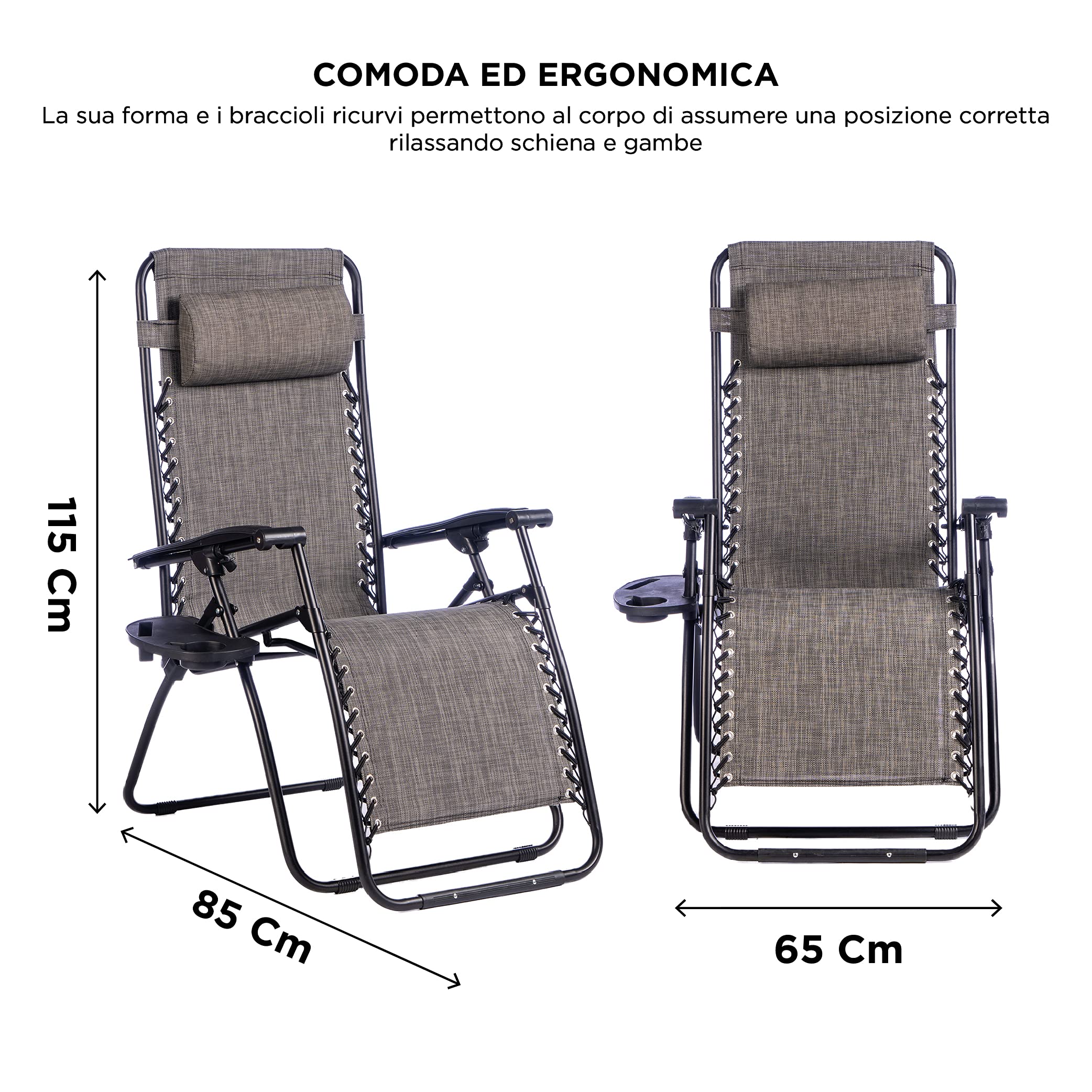 Enrico Coveri Sedia Sdraio Relax Reclinabile Con Cuscino Imbottito E Portaoggetti, Struttura In Textilene E Acciaio Con Tubolare Rinforzato, Perfetta Per Casa e Giardino (Grigio)