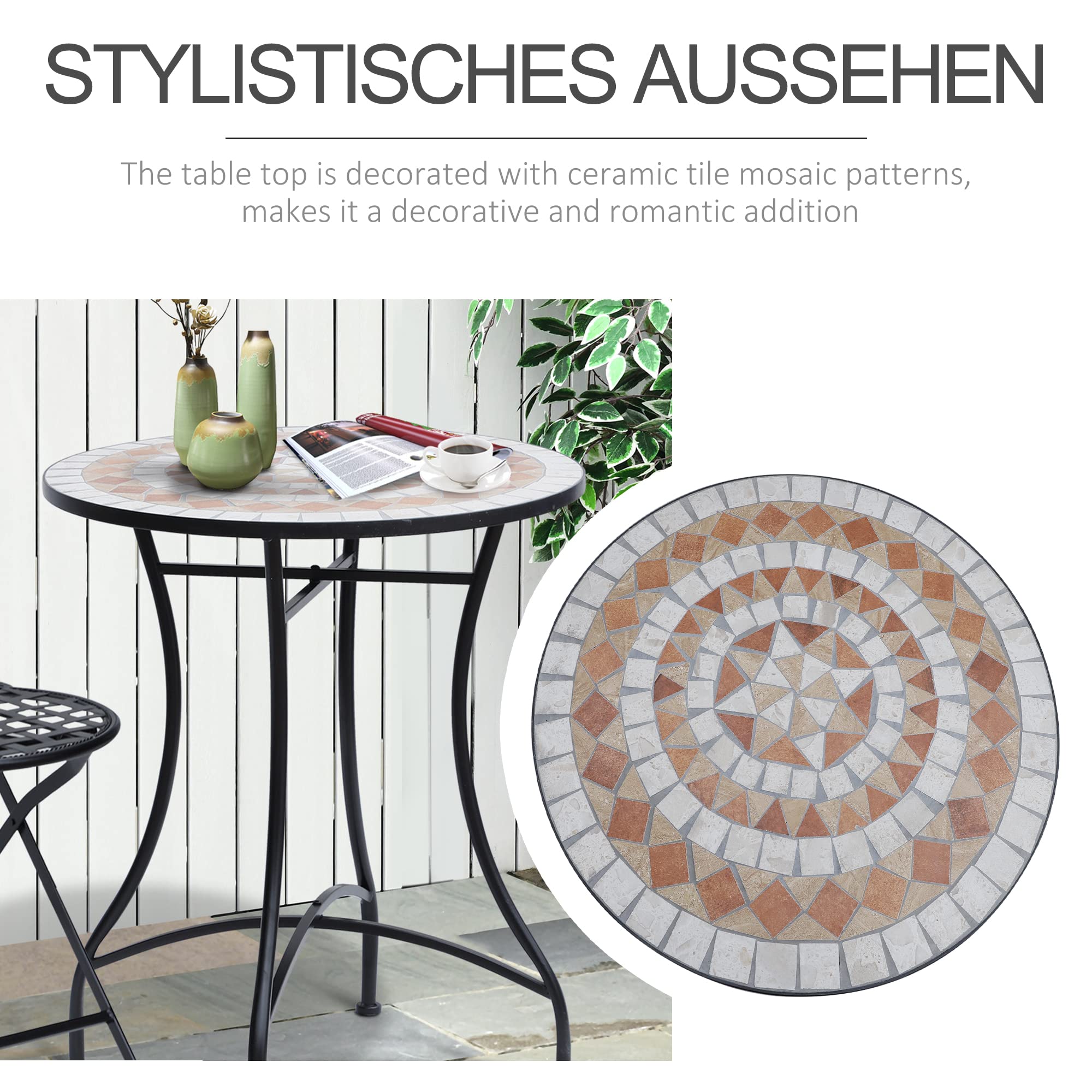 Outsunny Gartentisch Mosaiktisch Balkontisch Beistelltisch Seviertisch rund Stahl + Keramik Orange + Weiß Ø60 x H71 cm