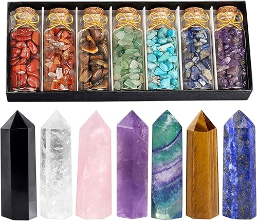 SUNYIK Juego de 7 botellas de cristal de chakras y varita de punto de cristal curativo para meditación de equilibrio de Reiki