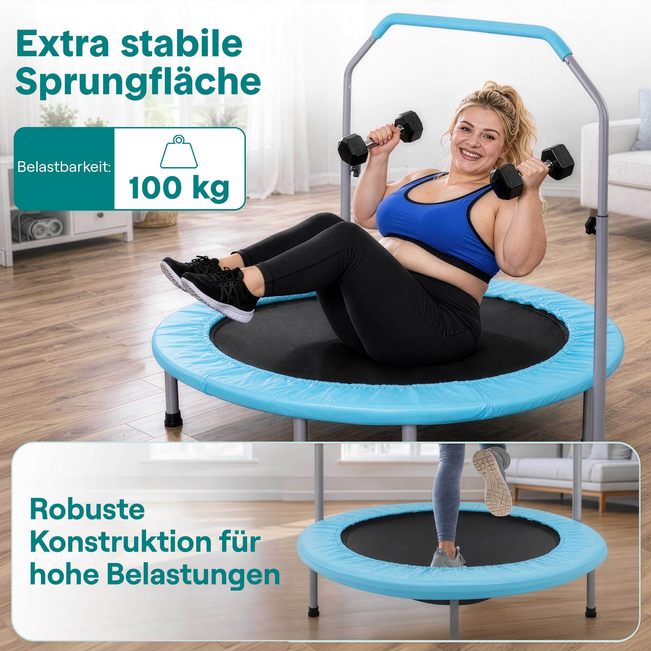 SereneLife Fitness Trampolin Indoor, Ø 102 cm – Faltbarer Rebounder mit Rückprall & Höhenverstellbarem Griff, Bis 150KG, ideal für Zuhause, Cardio, Sport & Training