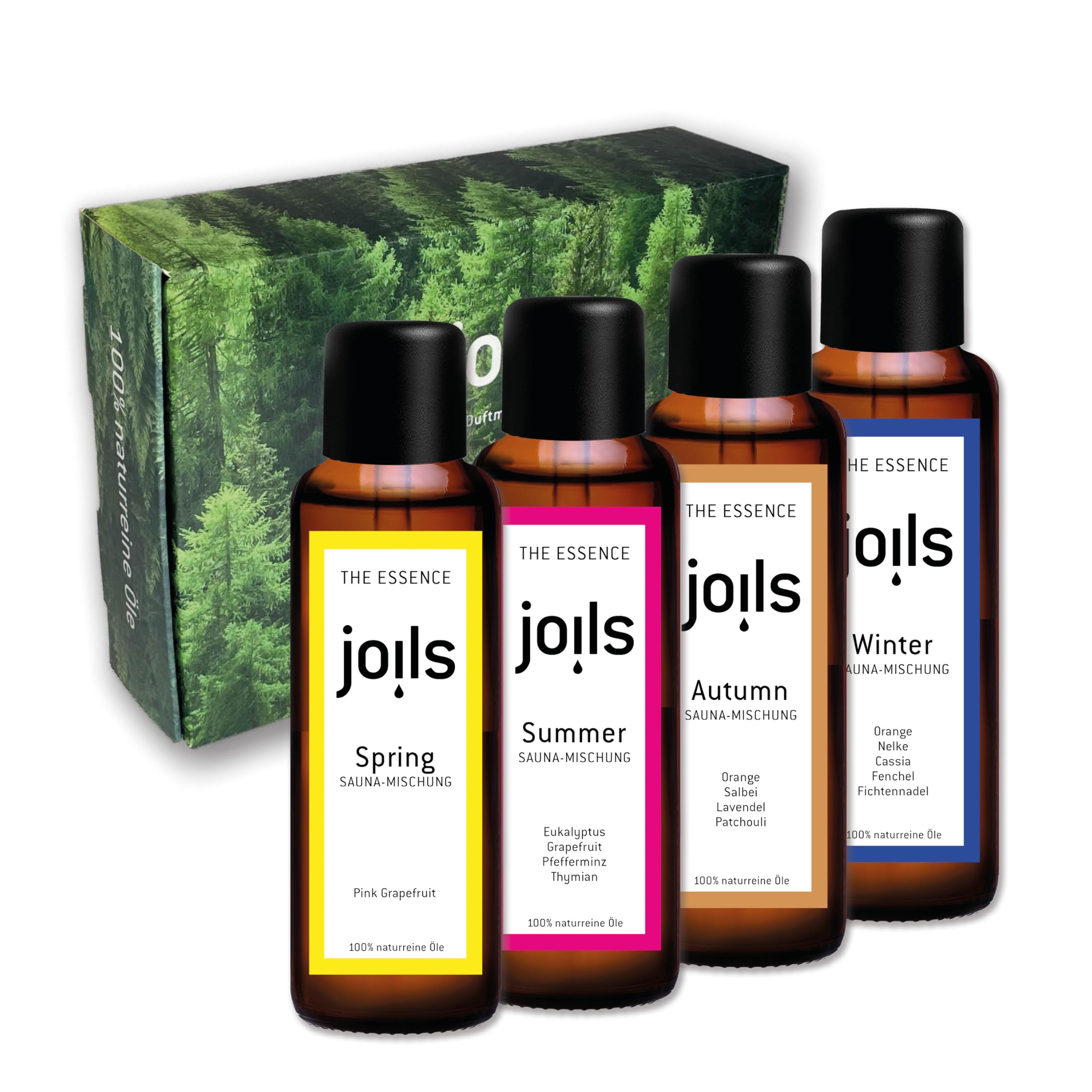 JOILS® Saunaaufguss Set "4-Jahreszeiten", 4x100ml, 100% naturreines Öl für Ihre Sauna, BIO-Saunaöl im Geschenkset, vom Familienbetrieb aus dem Schwarzwald, handabgefüllt