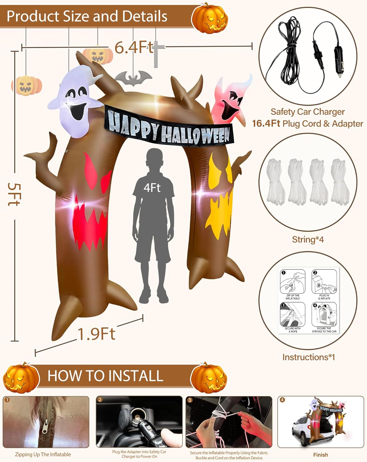 TURNMEON 5 Ft Halloween Inflatable Outdoor Decorations, Trunk or Treat Car Decorations, Halloween Blow Up Dead Tree Arch with Haunted Ghosts Hold Banner Build-in LEDs for Outdoor Decor