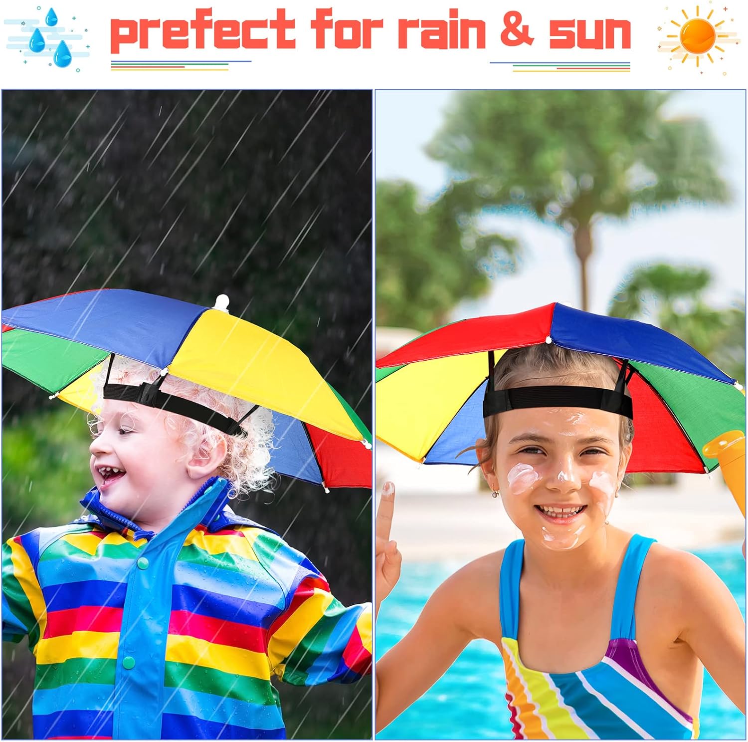 Panelee Umbrella Hat Pack of 10 Colorful Party Hats 20 Inch Hands Free Fun Rainbow Colorful Hats for Beach Party Camping Outdoor Sun Rain Protection Adjustable Size Fits All Ages Kids Adults