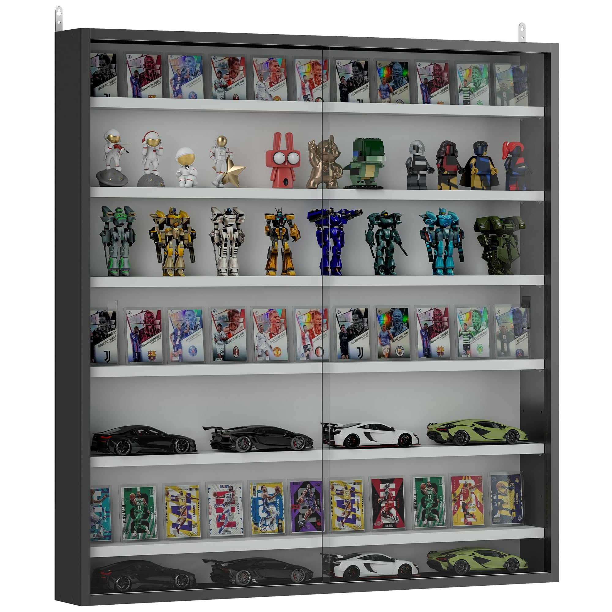 – HOMCOM 7-Tier Wall Mounted Display Cabinet, Display Case with 6 Adjustable Shelves, Glass Doors for Home Office Ornaments 83x80cm, Black and White