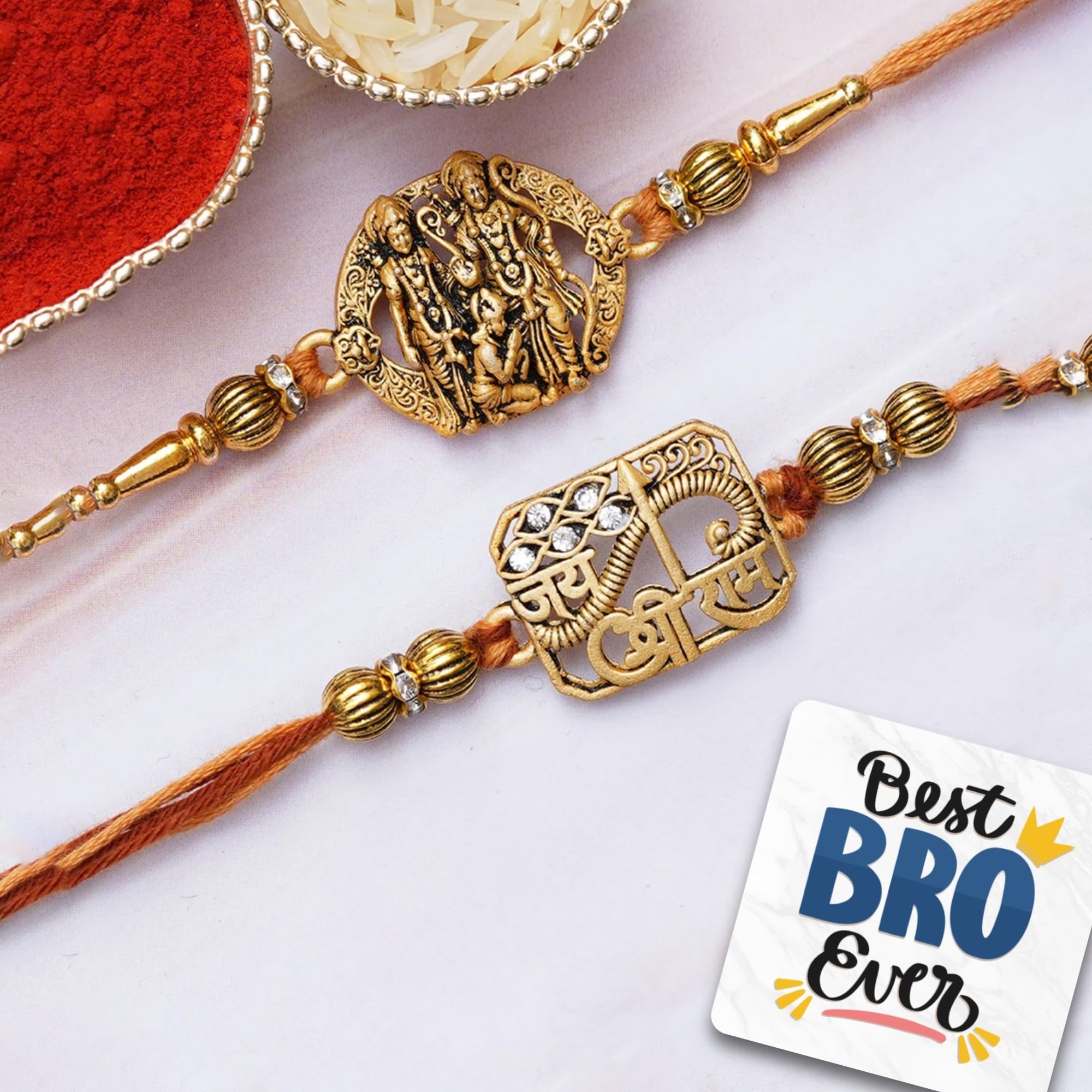 eCraftIndia Set of 2 Jai Shri Ram, Lord Ram Laxman Hanuman Religious Rakhis, Best Bro Ever Fridge Magnet with Roli Chawal Pack - Rakhis for Brother, Bhabhi, Kids-image-48