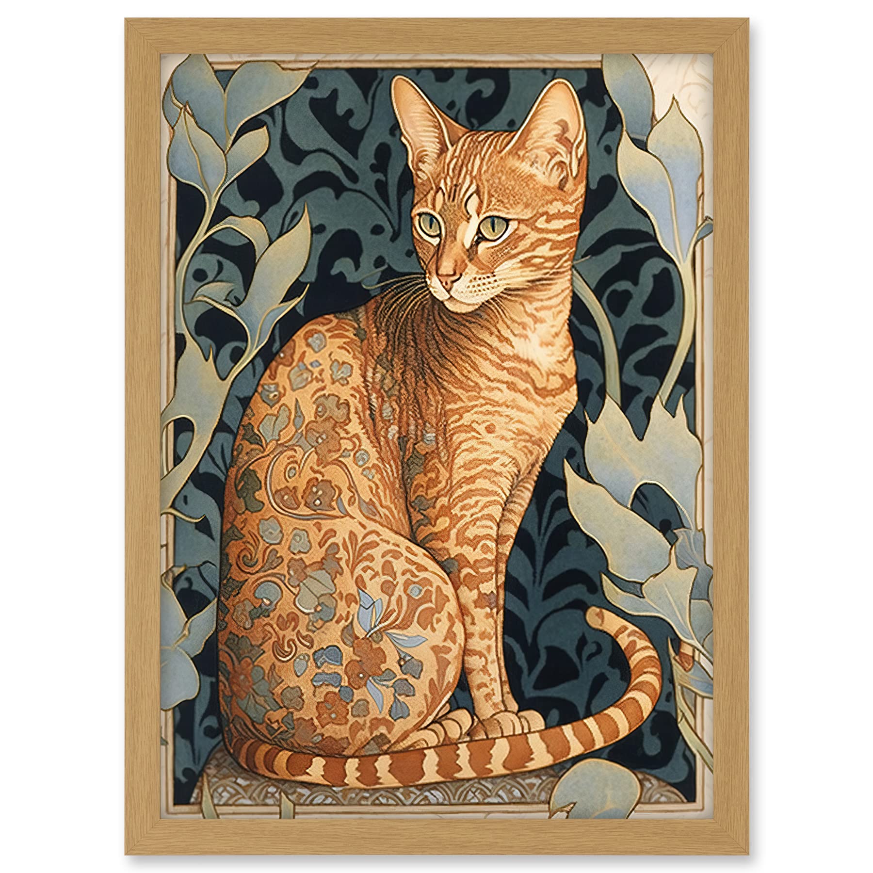 Artery8 Ocicat Cat with Flower Pattern Fur Coat Art Nouveau Watercolour Illustration Artwork Framed A3 Wall Art Print