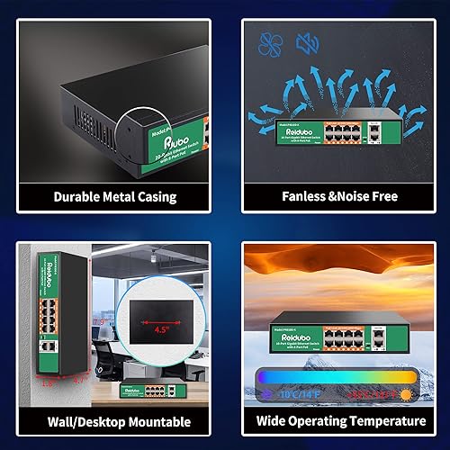 Miniatura 6 de Switch Gigabit PoE de 8 puertos con enlace ascendente de 2 Gigabit, conmutador de red no administrado Ethernet PoE de 1000 Mbps, 120 W, Plug & Play,