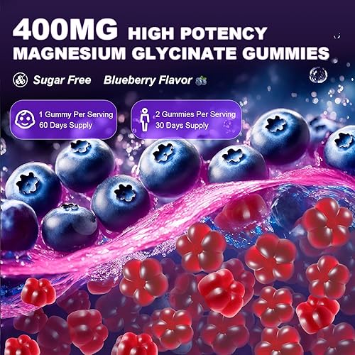 Miniatura 6 de Glicinato de magnesio liposomal 400 mg gomitas para niños y adultos, suplemento de bisglicinato de magnesio masticable con teanina, B6, vitaminas y