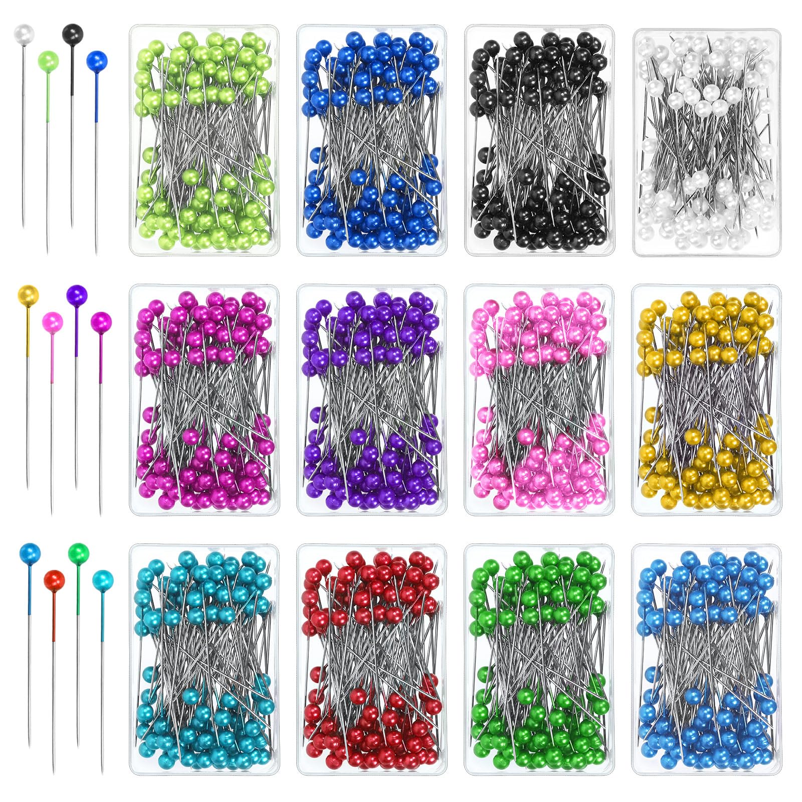Épingles à coudre droites Keadic de 3,8 cm en lot de 1200 pièces avec tête sphérique colorée