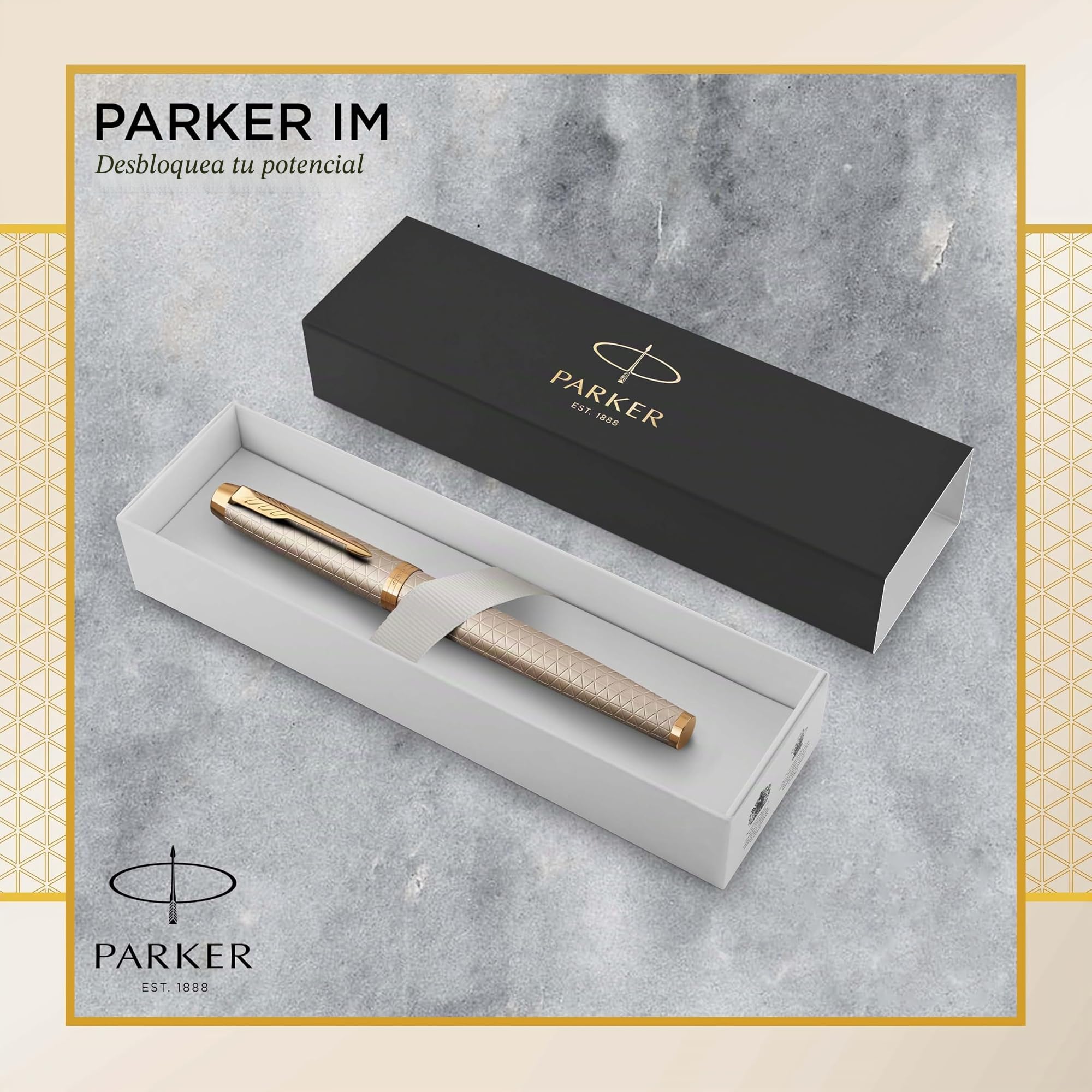 Parker IM Bolígrafo Roller | Punto fino | color plata premium con adorno dorado | tinta negra | en estuche de regalo