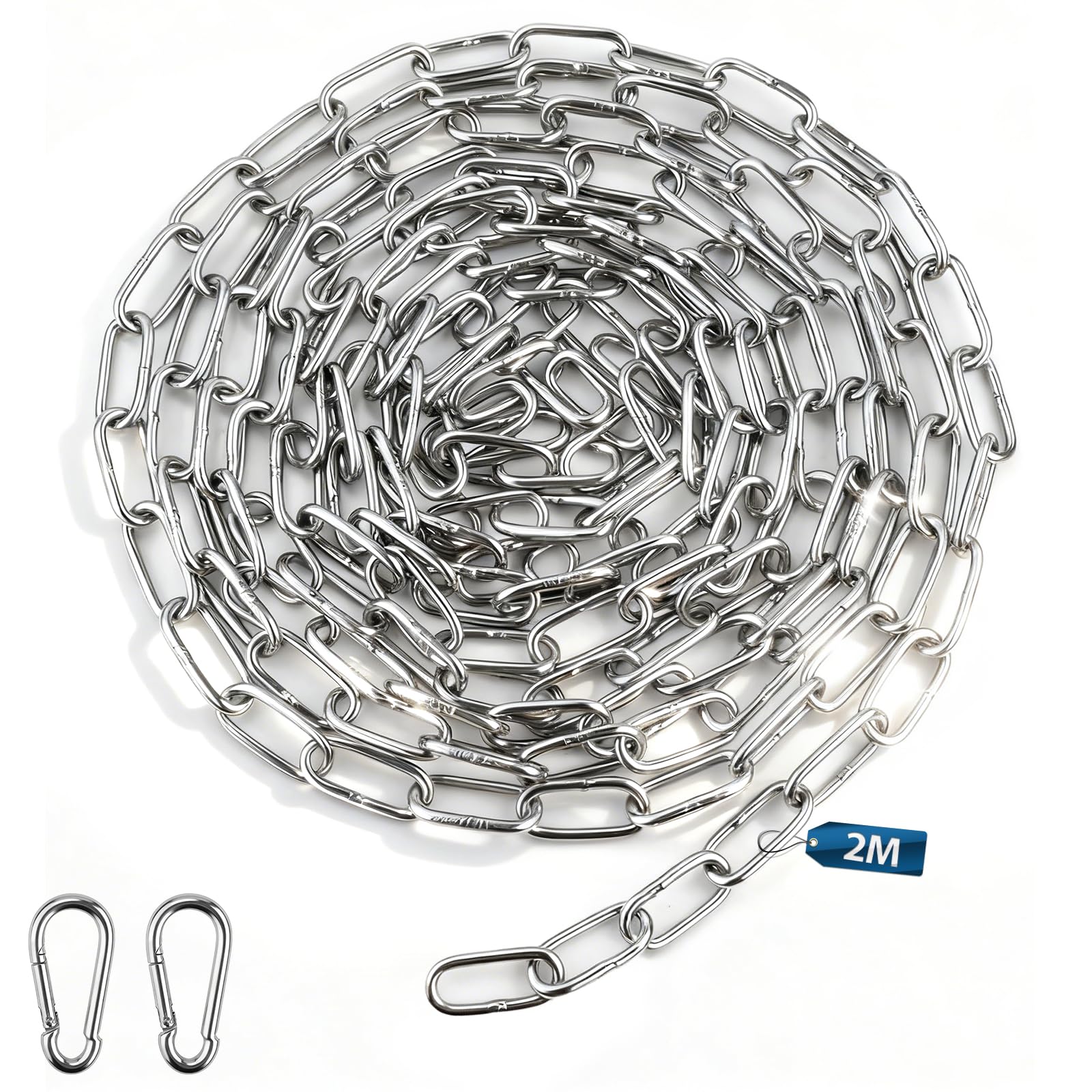 msymsyu 2M Metal Chain Stainless Steel Chain Sold by the Metre 2mm Steel Linkchain 1 Pcs Metalchain for Clotheslines Dog Leads Hanging Chairs Suspended Chairs