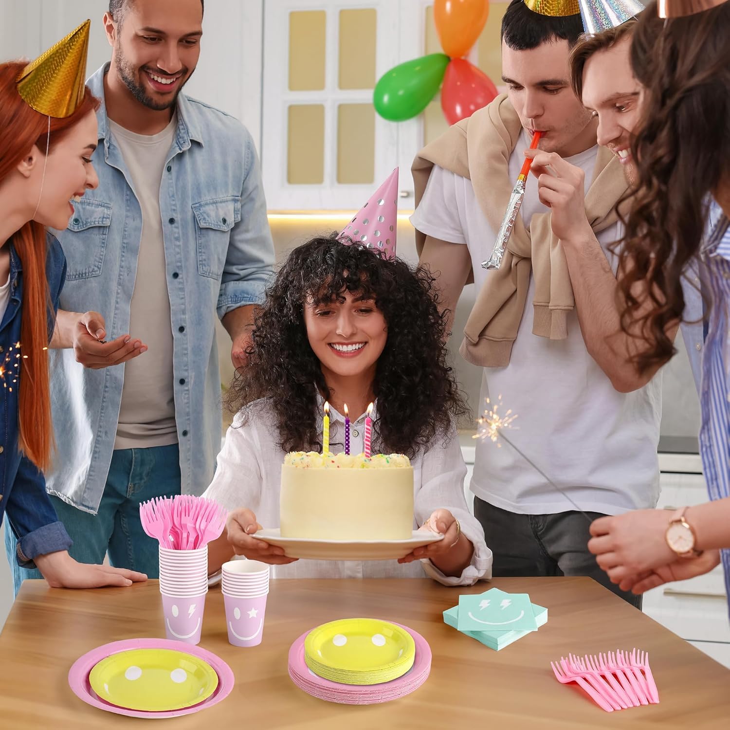 Kochorie 144 Pieces Preppy Party Supplies, Preppy Smile Tableware Sets Including Disposable Paper Plates Napkins Cups Forks Serves 24 for Smile Face Baby Shower Birthday Party Decorations