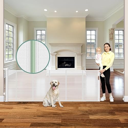 Miniatura 24 de Puerta retráctil reforzada de 80 pulgadas para bebés, puerta extra ancha para bebés para amplias aberturas, puerta retráctil para perros para