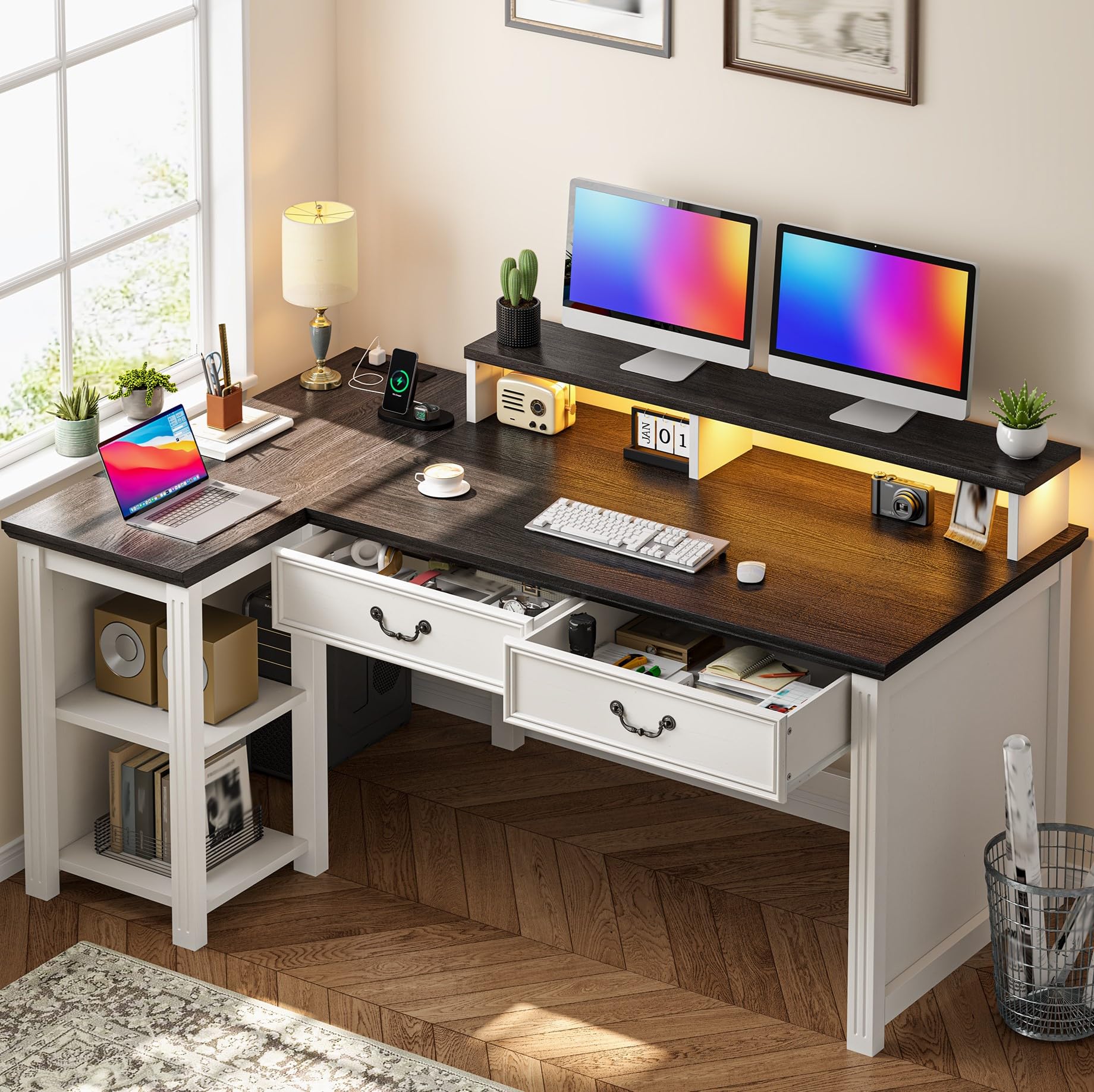 EnHomee 55" L Shaped Farmhouse Computer Desk with Drawers, Office Desk with Long Monitor Stand & Storage Shelves for Bedroom, Desk for Home Office,