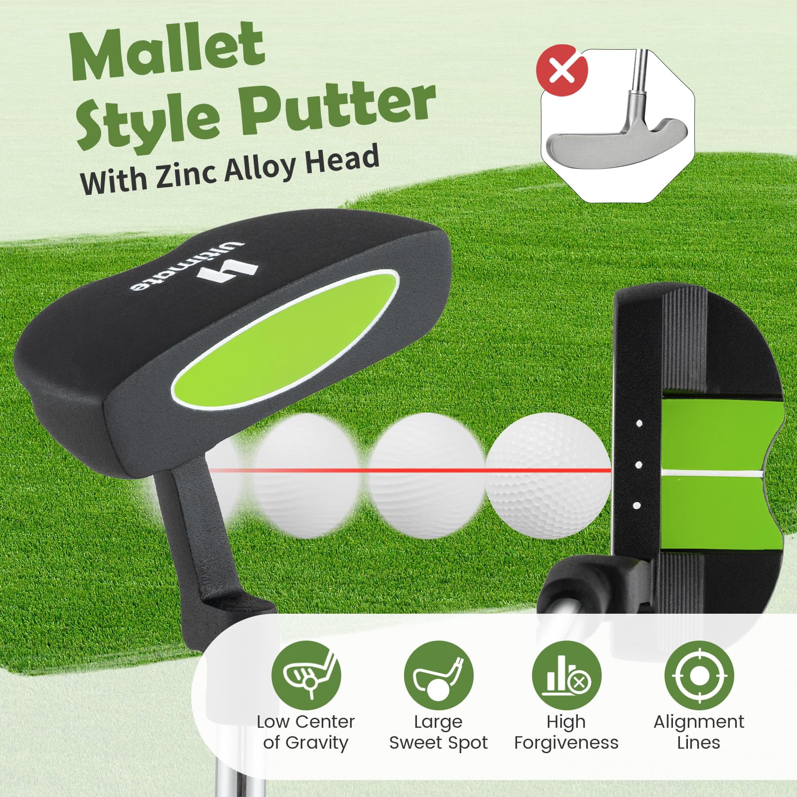 Tangkula Junior Mallet Putter for Kids, Individual Gold Club for Boys and Girls with Stainless Steel Shaft and Head Cover, Junior Practice Golf Club, Right Hand, 27 Inch, Ages 8-10 (Green)