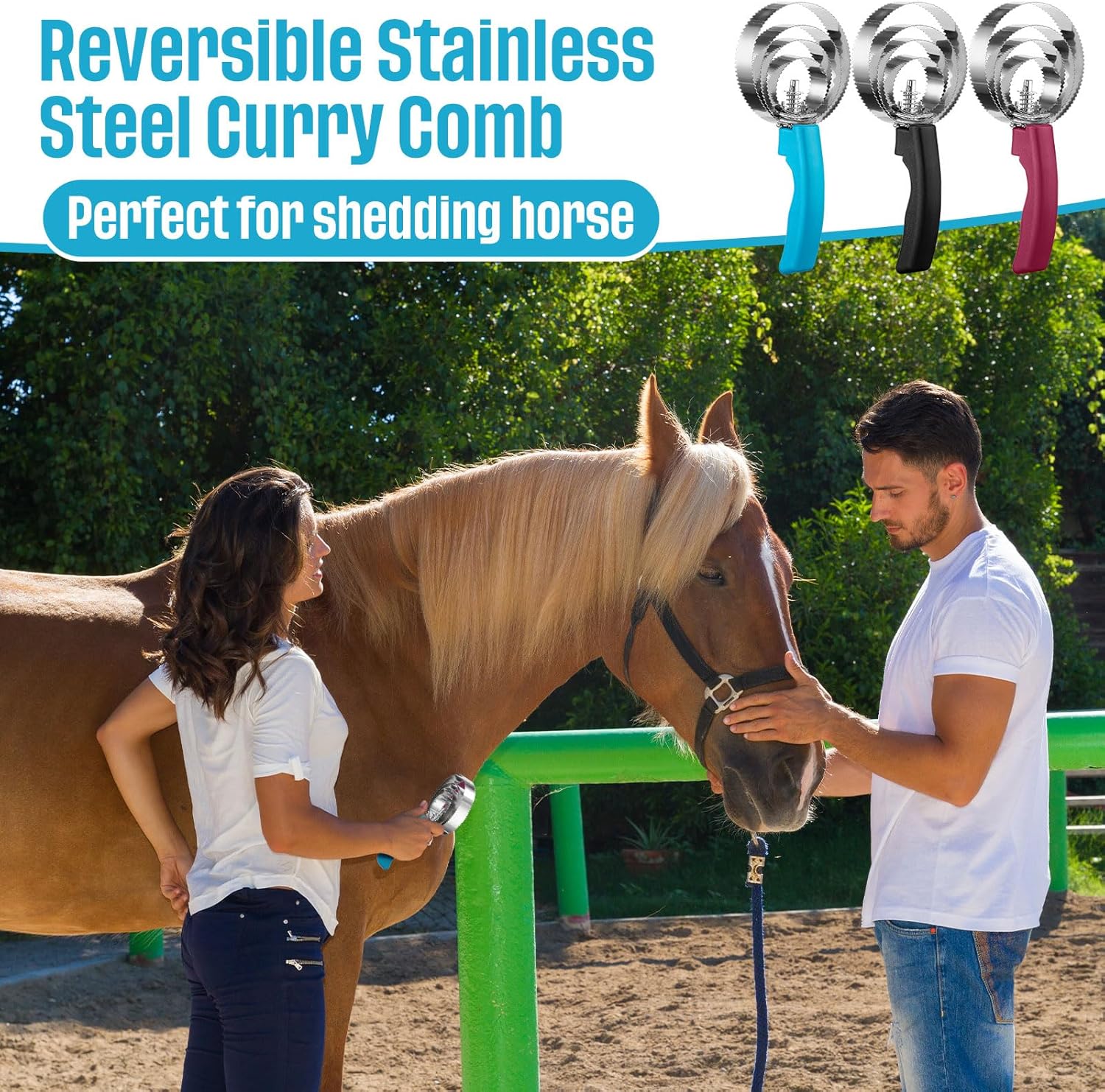 Yaomiao 12 Pack Reversible Curry Combs, 4 Rings Curry Comb, Metal Horse Brush Stainless Steel Horse Brush Scraper with Comfortable Grip for Cow Sheep Pet, 3 Colors