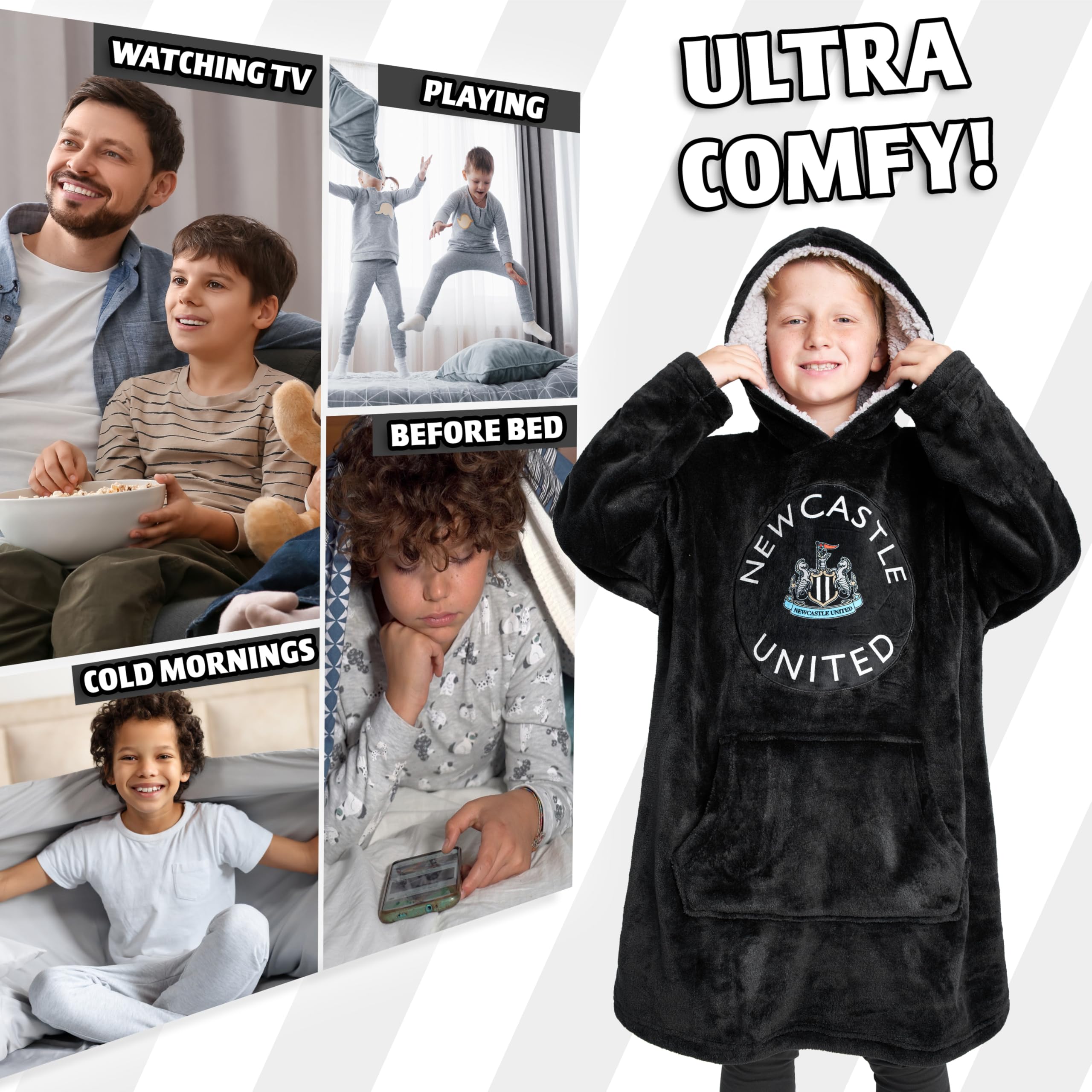 Newcastle United F.C. chłopięca bluza z kapturem oversize, przytulne, ponczo dla chłopców, czarne