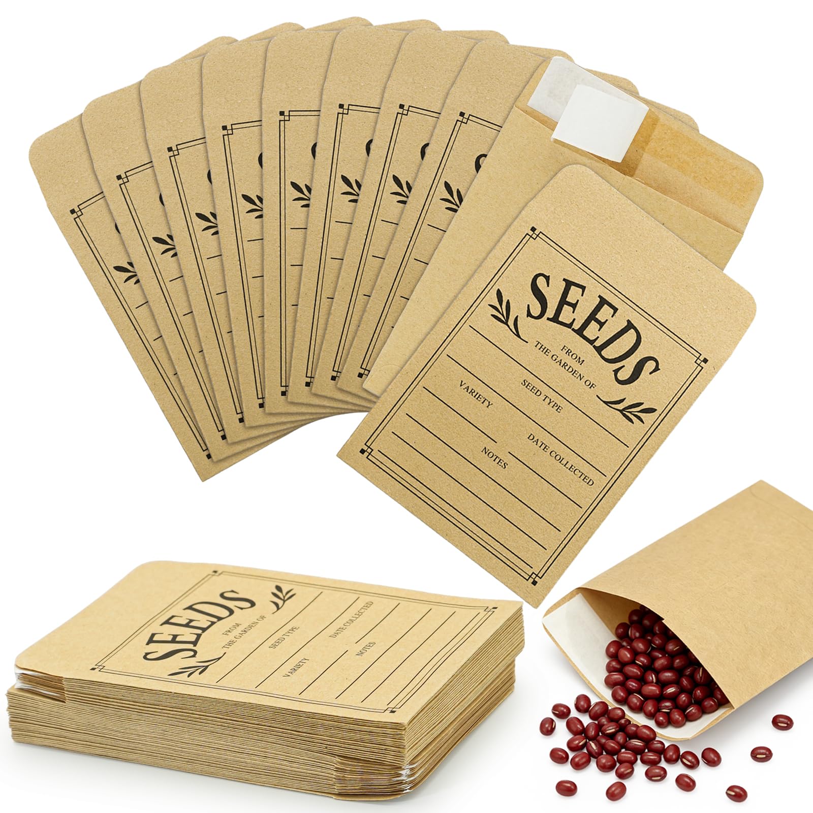 50 Pack Self Seal Seed Envelopes, Small Seed Envelopes with Writable Labels,Kraft Paper, Empty Storage Bags for Saving Flower, Vegetable & Garden Seeds, Organising(8x12cm)