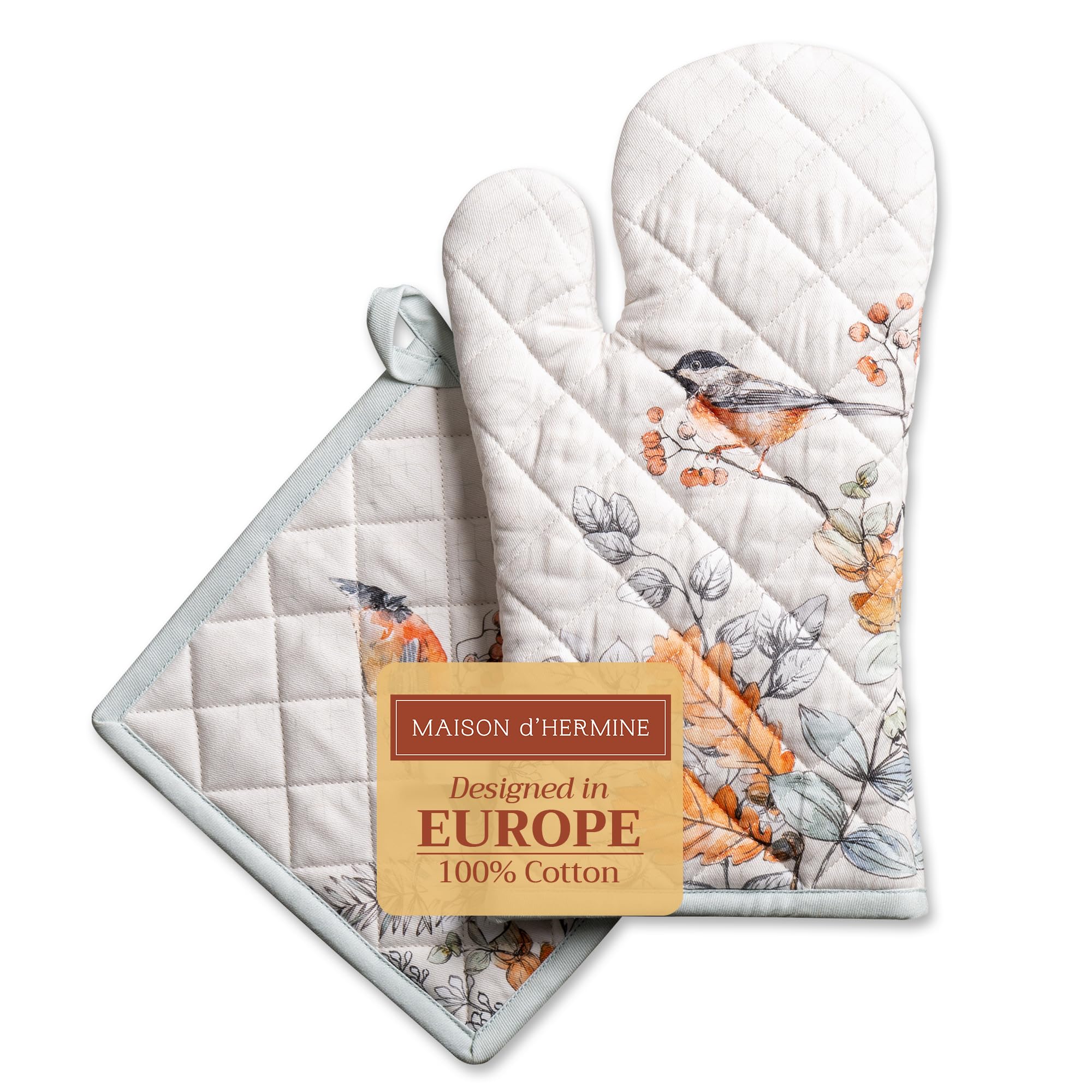 Maison d' Hermine Whitish Shabby Chique 100% Cotton Set of Oven Mitt(19cm x 33cm) and Pot Holder(20cm x 20cm) for BBQ | Cooking | Baking | Grilling | Microwave | Barbecue | Thanksgiving/Christmas