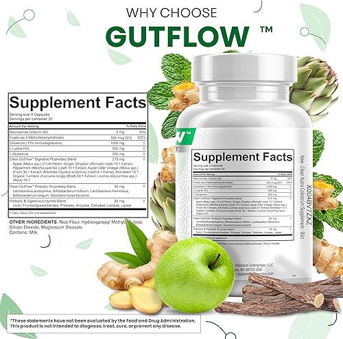 Miniatura 4 de Clean Nutraceuticals Cápsulas de suplemento de calostro pastillas probióticos prebióticos, L-glutamina, enzimas digestivas, folato, fibra, ACV,