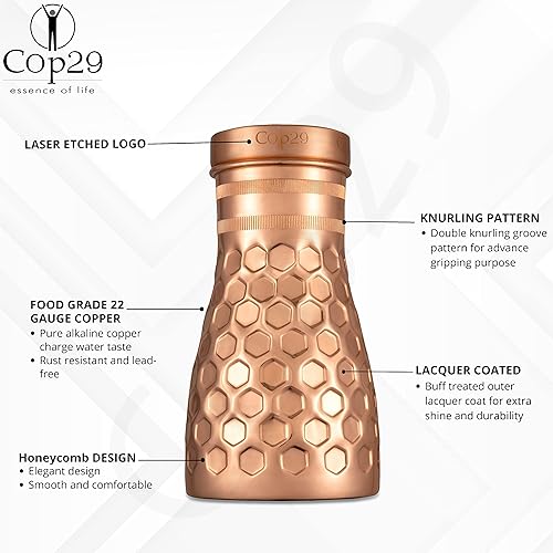 Miniatura 3 de Cop29 Dolny Matt Honeycomb - Botella de agua para dormitorio de cobre hecho a mano I jarras con tapa I jarra de agua de noche (para uso en
