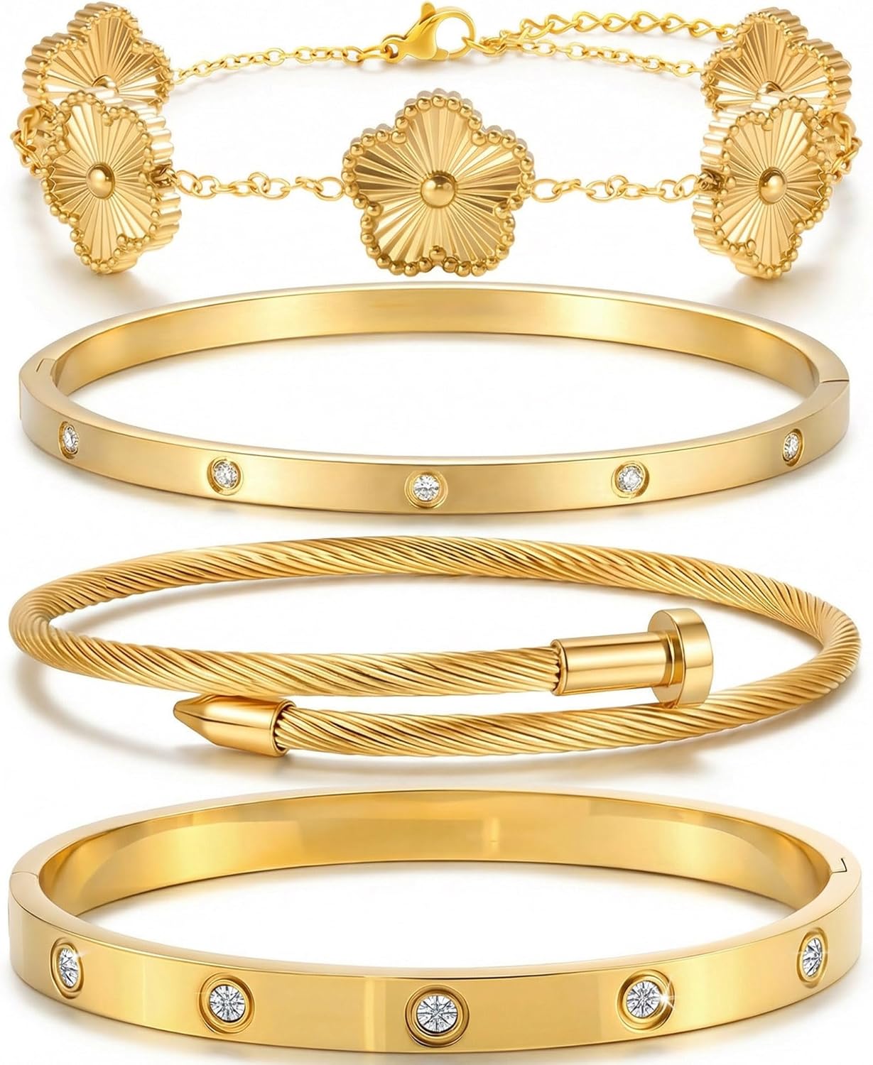 Jewelry Stack: 18K Gold Bracelets for Women – Stackable Clover & Love Bangle Set