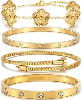 18K Gold Bracelets for Women - Stackable Clover & Nail Love Bangle Set - Non-Tarnish Jewelry Gift for Birthday Valentine's, Mother's Day & Christmas