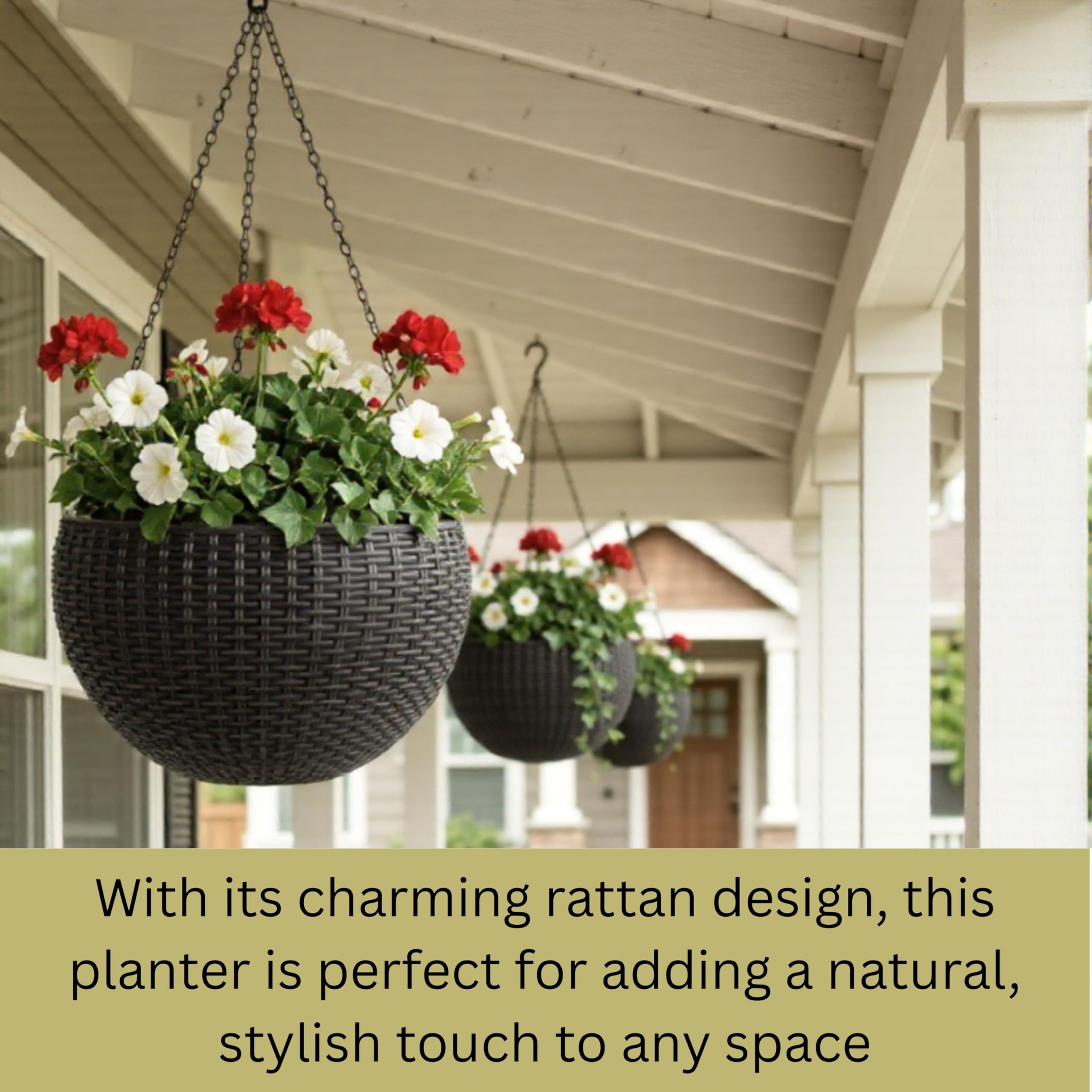 LáLáGreen Vaso Sospeso Autoirrigante da 28 cm con Indicatore del Livello dell'Acqua, Fioriera Rotonda Effetto Rattan con Catena in Metallo per Balcone, Giardino e Terrazza (3)