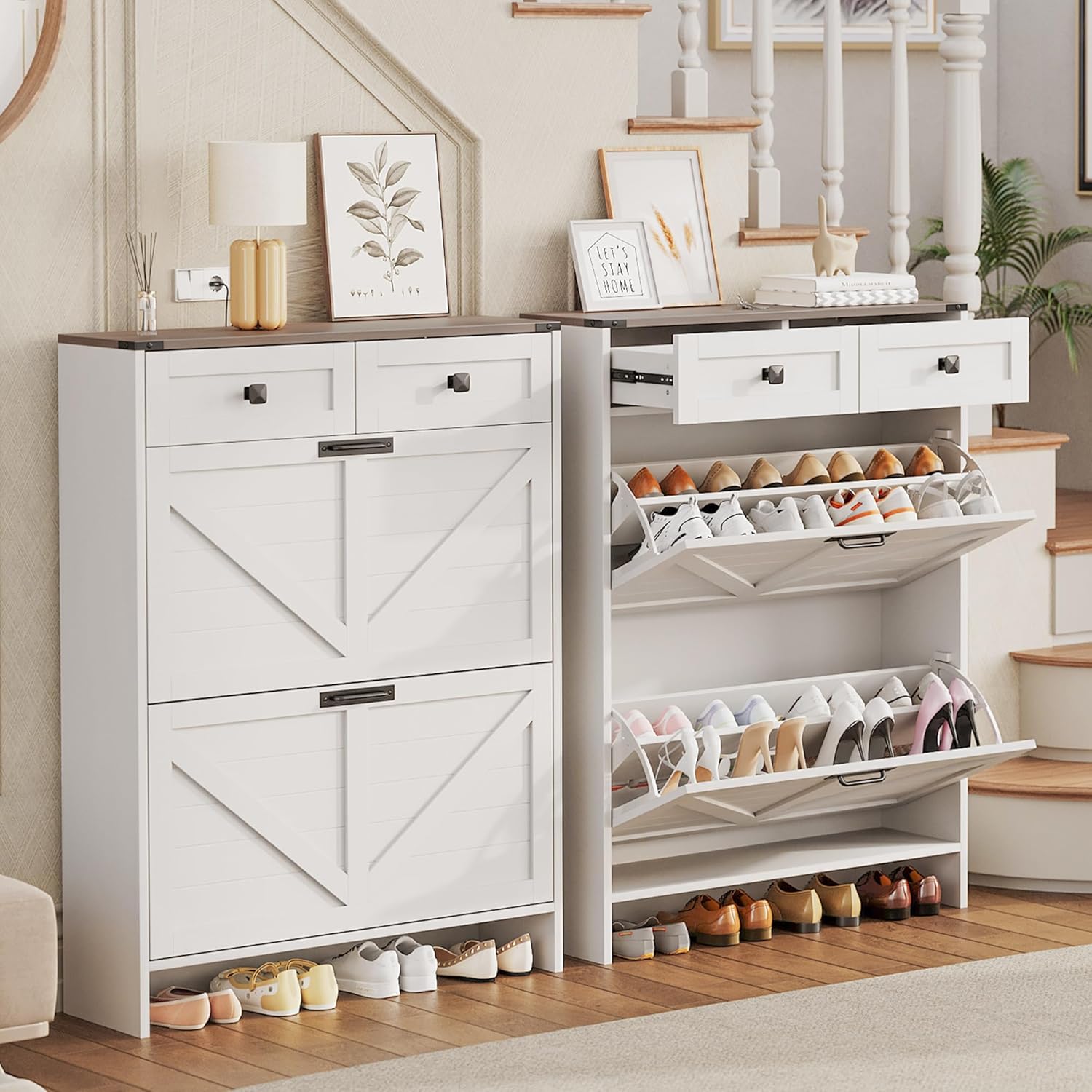 Shoe Storage Cabinet with 2 Flip Drawers and 2 Storage Cabinet, Entryway Shoe Rack, Farmhouse Wooden Shoe Cabinet for Hallway, Entryway, White