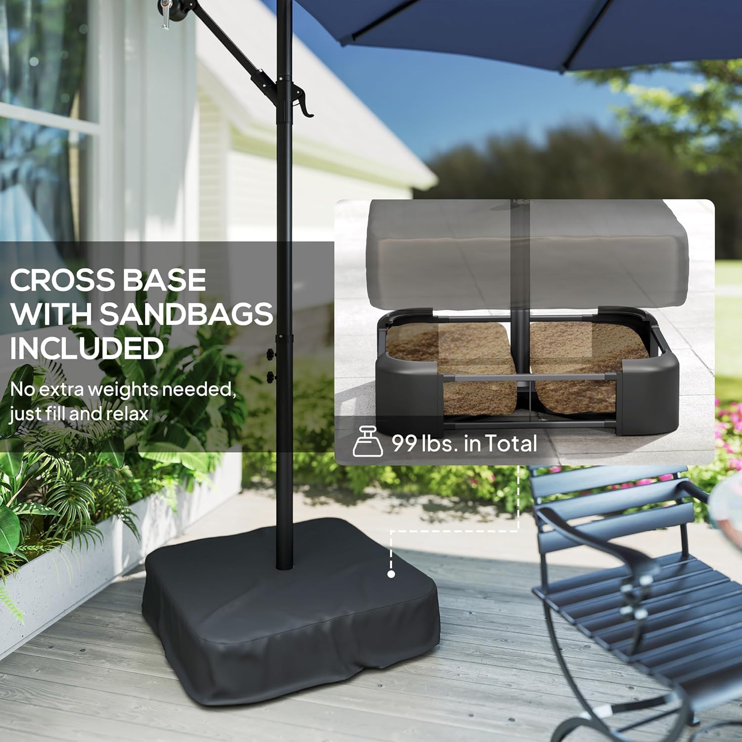 Outsunny 10 ft Cantilever Patio Umbrella with Solar LED Light, Sandbag Weight, Offset Hanging Outdoor Market Umbrella with Protective Cover, Crank and Tilt, Dark Blue