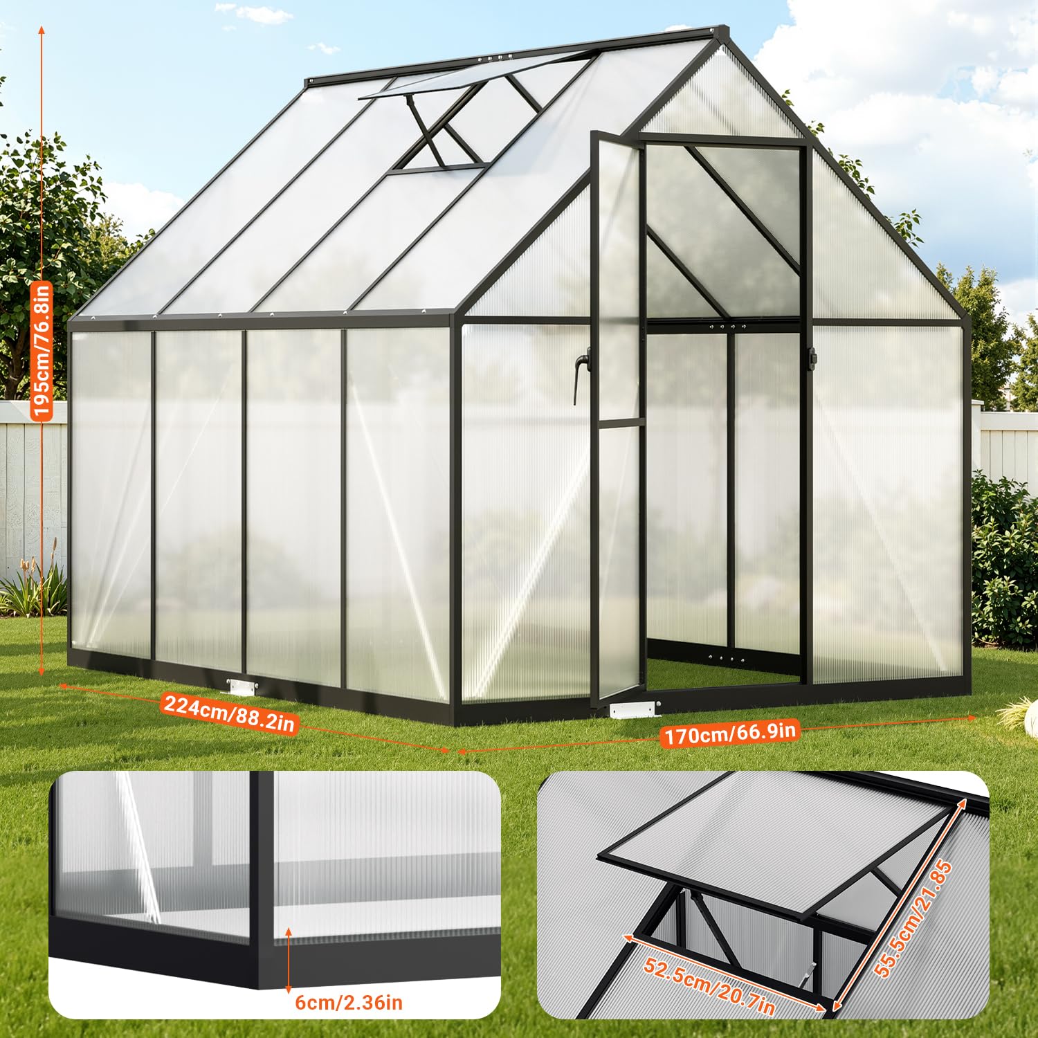 𝐉𝐚𝐱𝐠𝐮𝐨𝐦 Gewächshaus Aluminium 224 x 170 x 195 cm, 4 mm Polycarbonat-Hohlkammerplatten,mit Bodenrahmen & Dachfenster,Wetterbeständiges Tomatenhaus Treibhaus für Garten