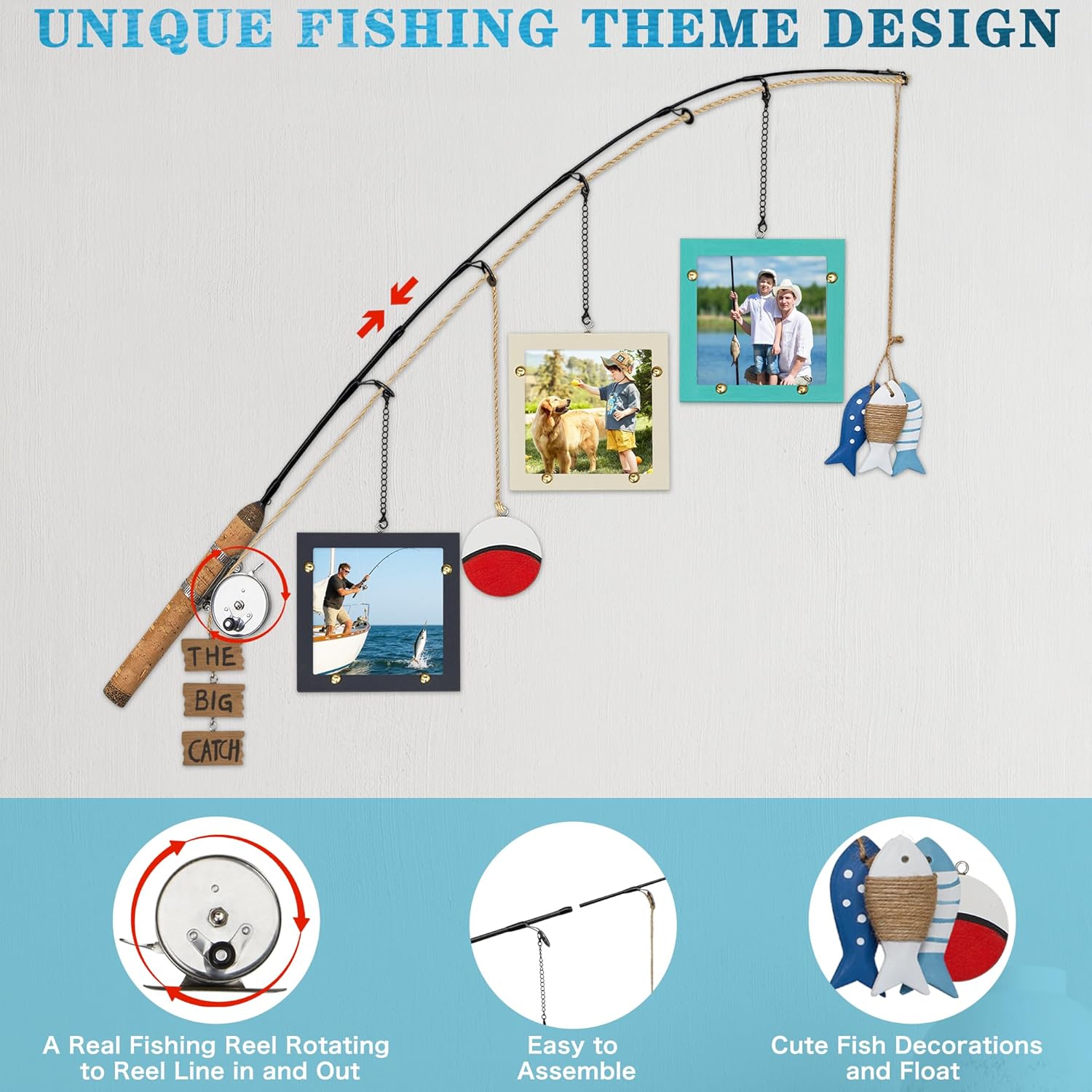 Wooden Fishing Pole Picture Frame Wall Decor with Three 4"x4" Picture Frames,Real Fishing Rod Design,Fishing Gifts for Men,Hanging Fishing Decoration for Cabin,Lake House,Boys Room,Fishing Lovers,Fisherman, Easter