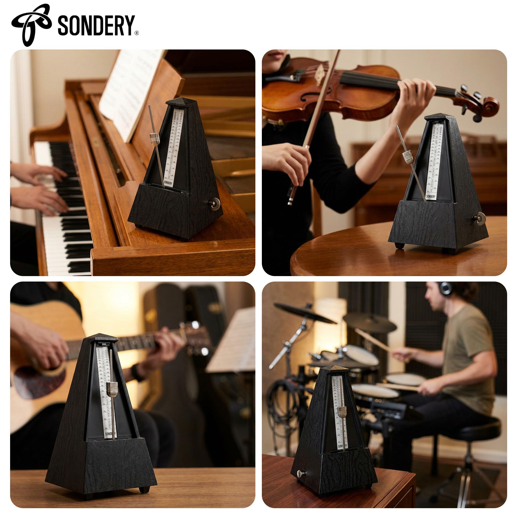 Sondery Accordeur Mécanique Classique avec Cloche pour Piano, Guitare, Batterie, Violon, Saxophone, Tous les Instruments, Gamme de Tempo 40-208bpm, Battements 02346, Boîtier en Bois Grain ABS Noir
