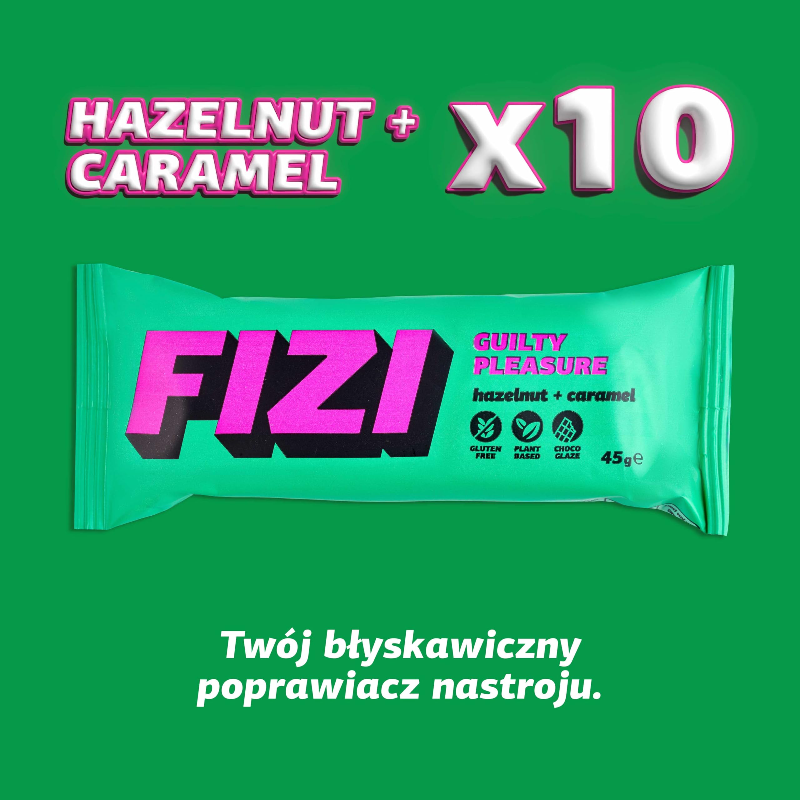 FIZI Czekoladowe Batony Wegańskie Orzech Laskowy i Karmel, W czekoladowej polewie, Na bazie roślin, Bez rafinowanego cukru, Bez glutenu, Bez GMO, Bez laktozy, Idealna przekąska w podróży (10x45g)