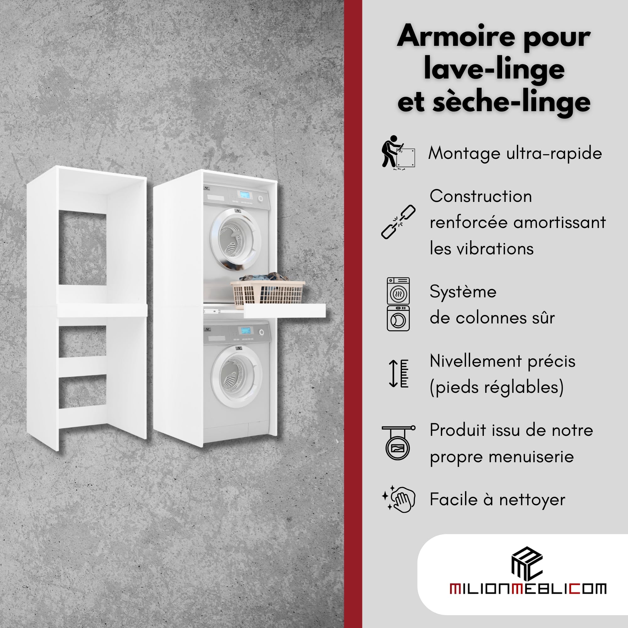Meuble Machine à Laver et Sèche-Linge Superposé Luna Colonne Empilable Buanderie Meuble Superposition Lave-Linge Sèche-Linge Étagère Coulissante 183,7×65×66 cm Blanc Mat