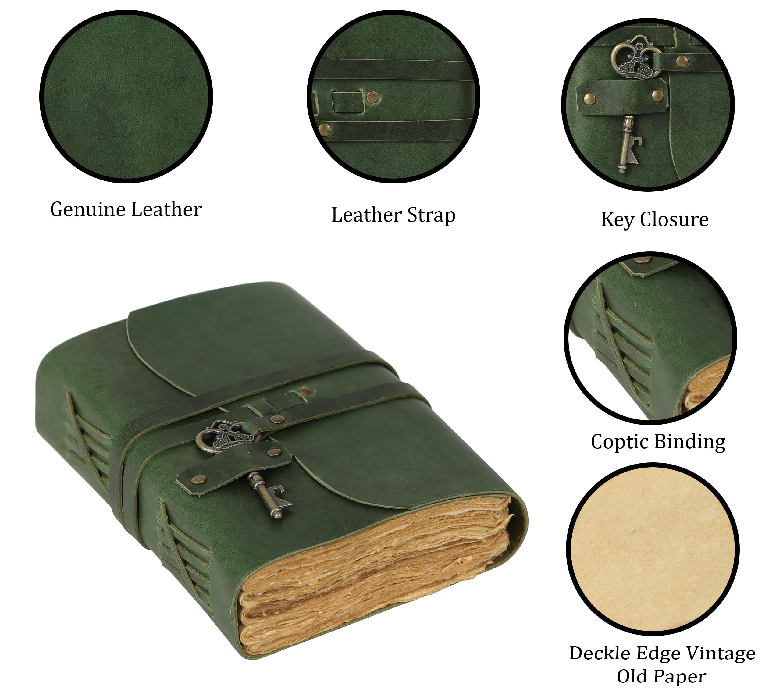 TUZECH Cuaderno encuadernado en cuero hecho a mano con cuaderno de bocetos con borde descolorido para hombres y mujeres, diario de viaje y blocs de escritura (7x5 pulgadas, verde)