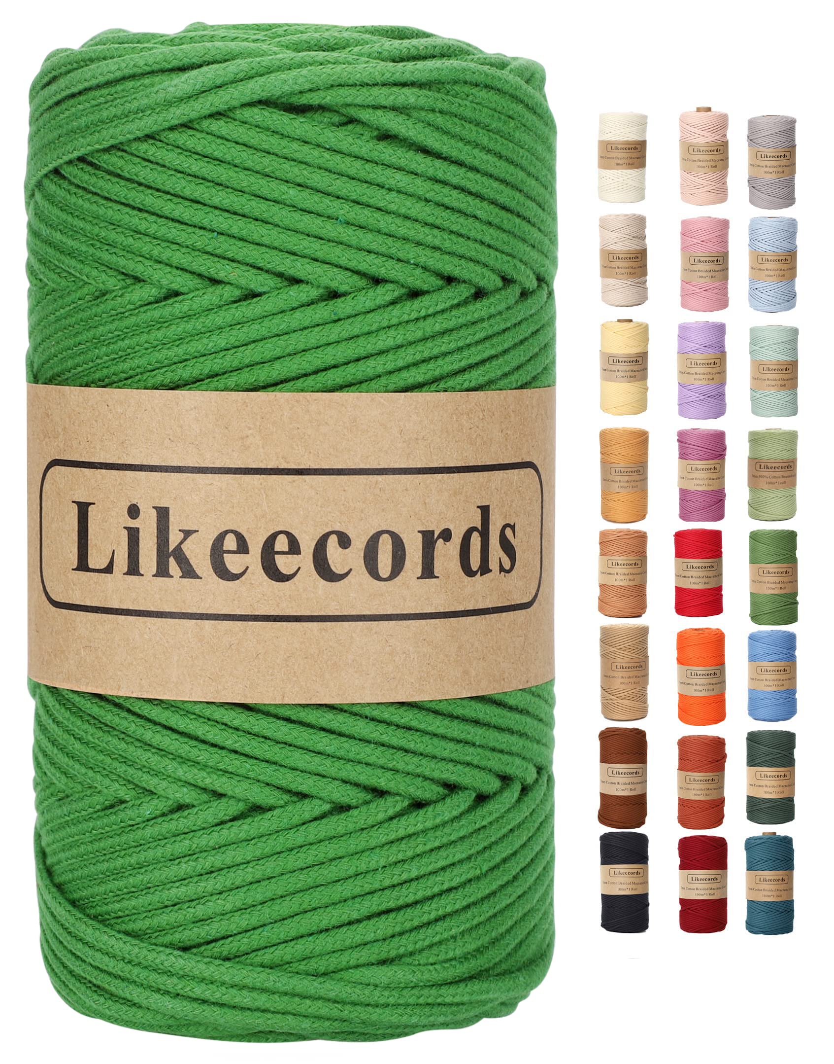 Braided Cotton Cord 3mm×109 Yards 100% Natural Macrame Cotton Cord Bohemia Macrame Rope for Handmade Plant Hangers Wall (Grass Green)