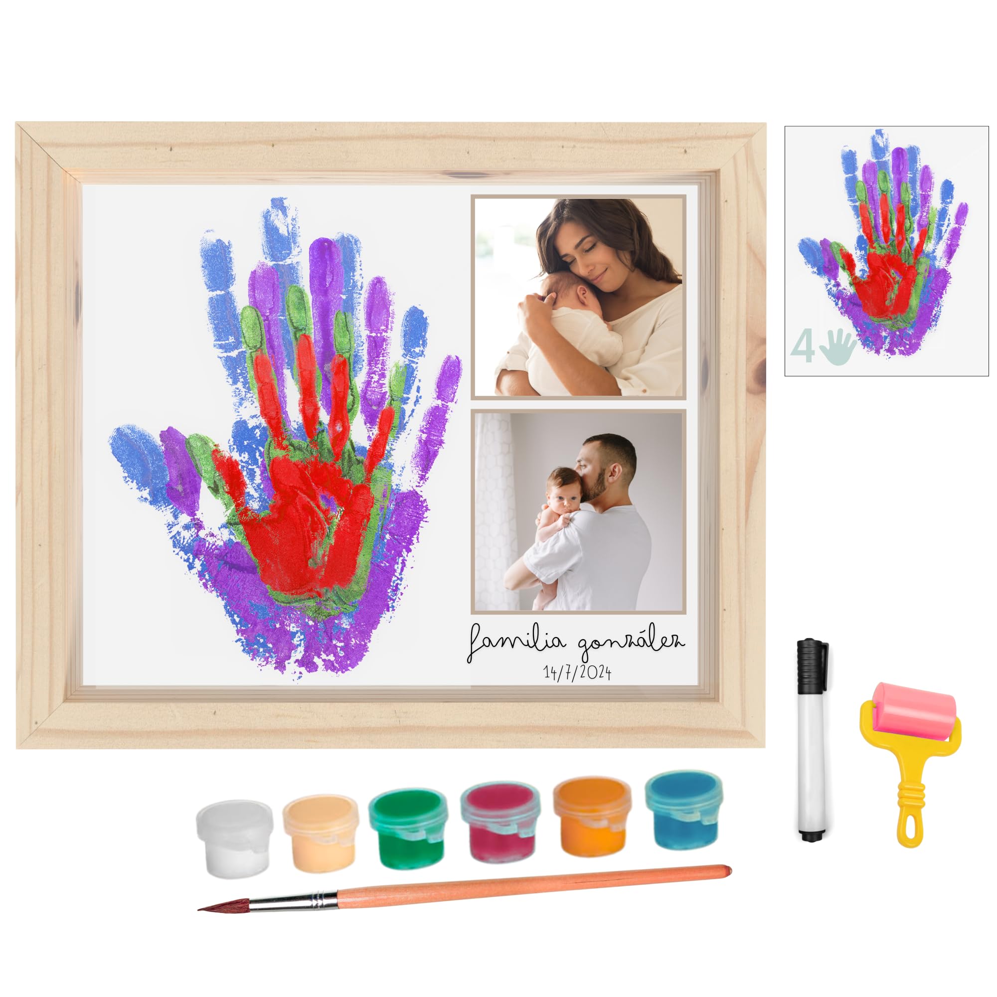 HuBorns – Kit huellas familia con pinturas, marco huellas bebé recién nacido, regalo familiar original, recuerdo padres e hijos y decoración hogar — view 9