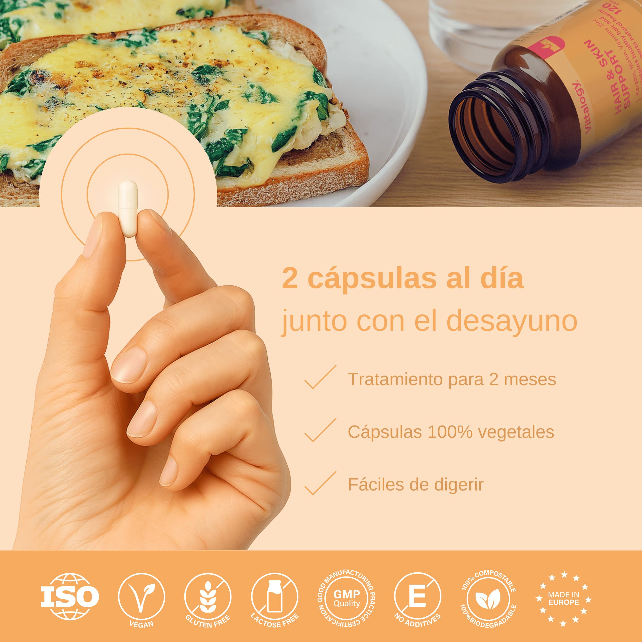 Hair & Skin Support Complemento Alimenticio de Vitaminas, Biotina, Queratina y Zinc para Fortalecer Pelo, Piel y Uñas. Suplemento Natural Contra Caida Cabello de Mujer y Hombre. 360 Cápsulas