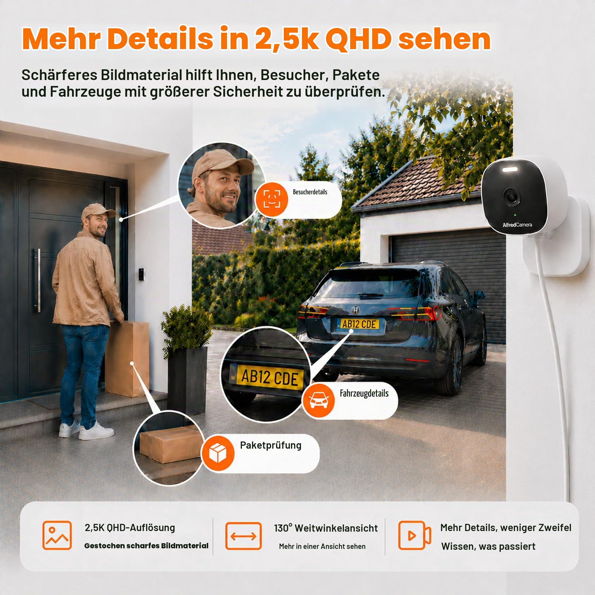AlfredCam Plus 2 Außenkamera, 5GHz WLAN, Magnetmontage, inkl. 64GB SD | IP65 Wetterschutz, Farb-Nachtsicht, LED-Scheinwerfer, KI-Bewegungserkennung, Dual-Band WLAN, Zwei-Wege-Audio, Haustierkamera