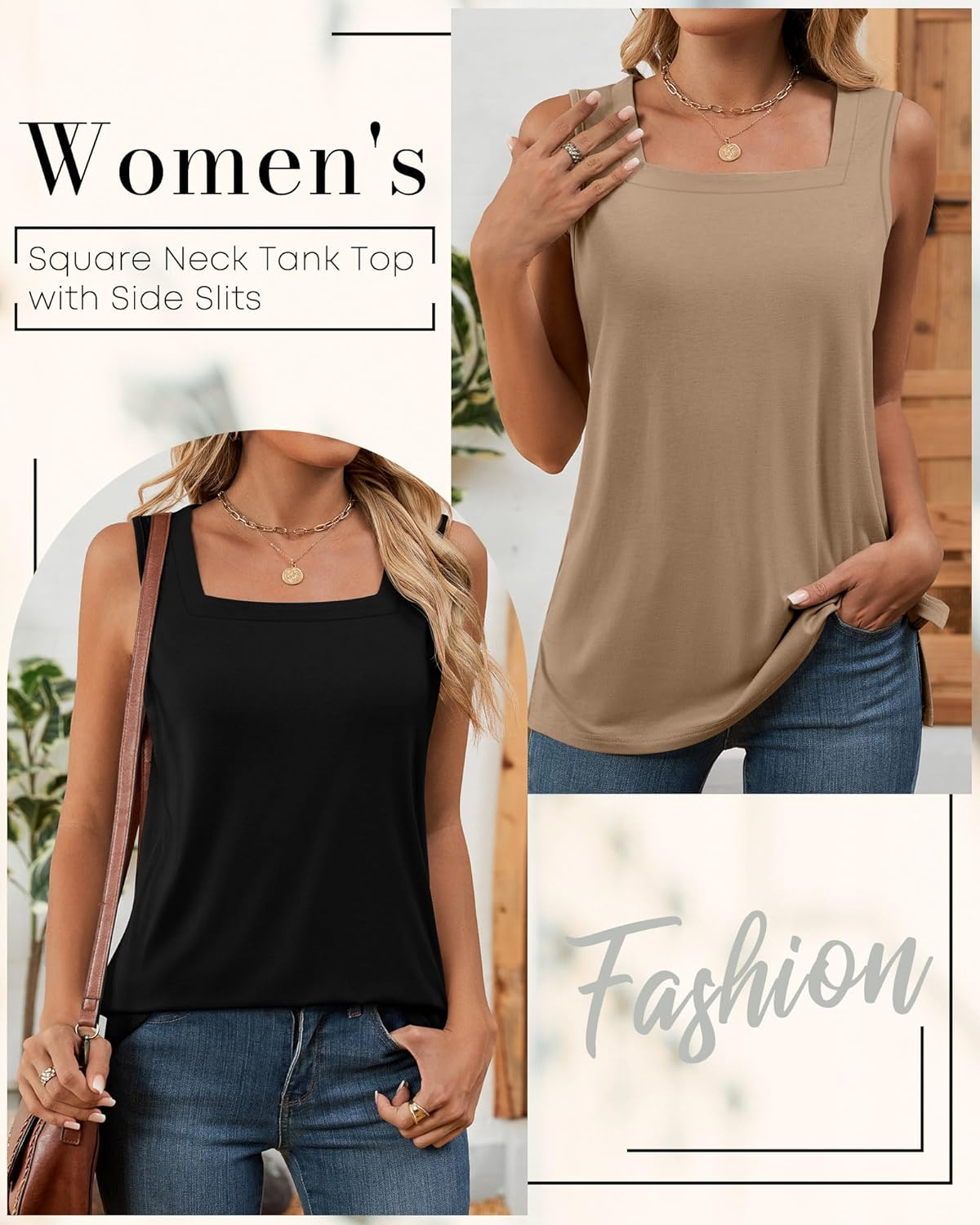 Huukeay 3 Pack Summer Women's Tank Tops Cotton Sleeveless Shirt Loose Fit Square Neck Tank Top with Side Slits(Black, White, Khaki,X-Large) - Image 6