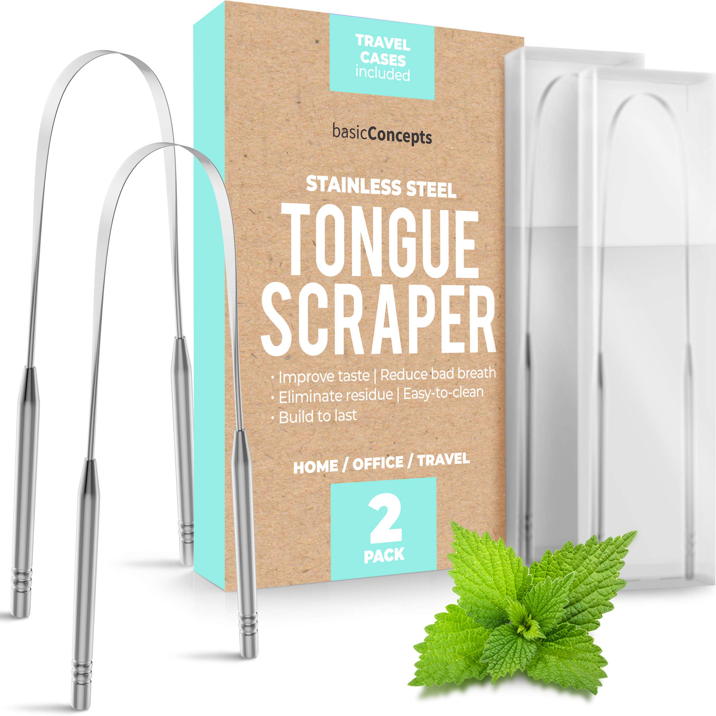 Tongue Scraper (2 Pack with case), Reduce Bad Breath (Medical Grade), Stainless Steel Tongue Cleaners, Metal Tounge Scrappers, Tongue Scraper Cleaner for Fresh Breath
