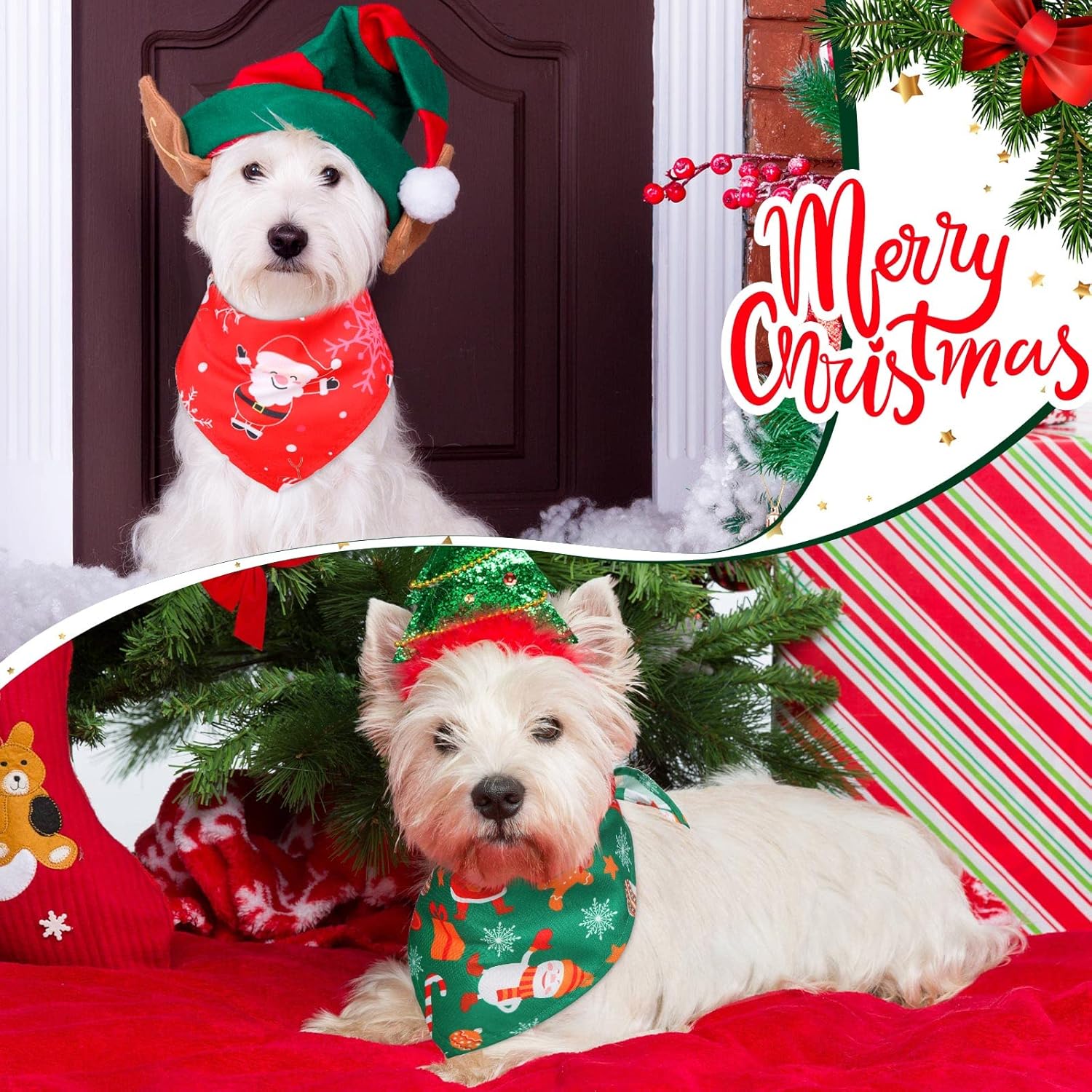Kigeli 50 Pieces Christmas Dog Bandanas Bulk Dog Kerchief Set Bibs Triangle Scarf Bandanas with Christmas Patterns for Pet Party Costume Accessories Decoration(25.6 x 17.7 x 17.7 Inch)
