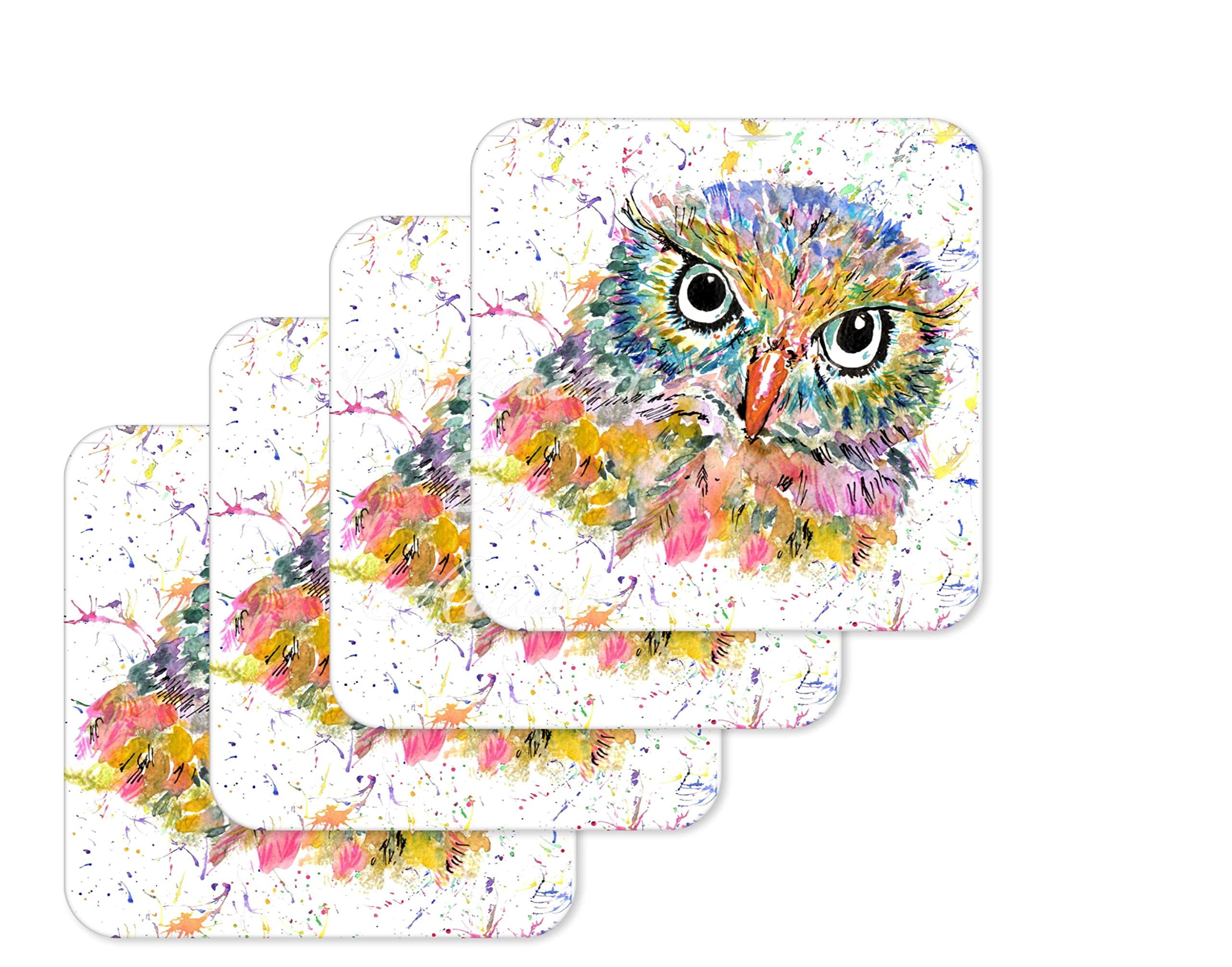 Vixar Coaster Owl British Wildlife Animals Coasters Watercolour Art Gift Work Office Dining Tea Coffee (4)