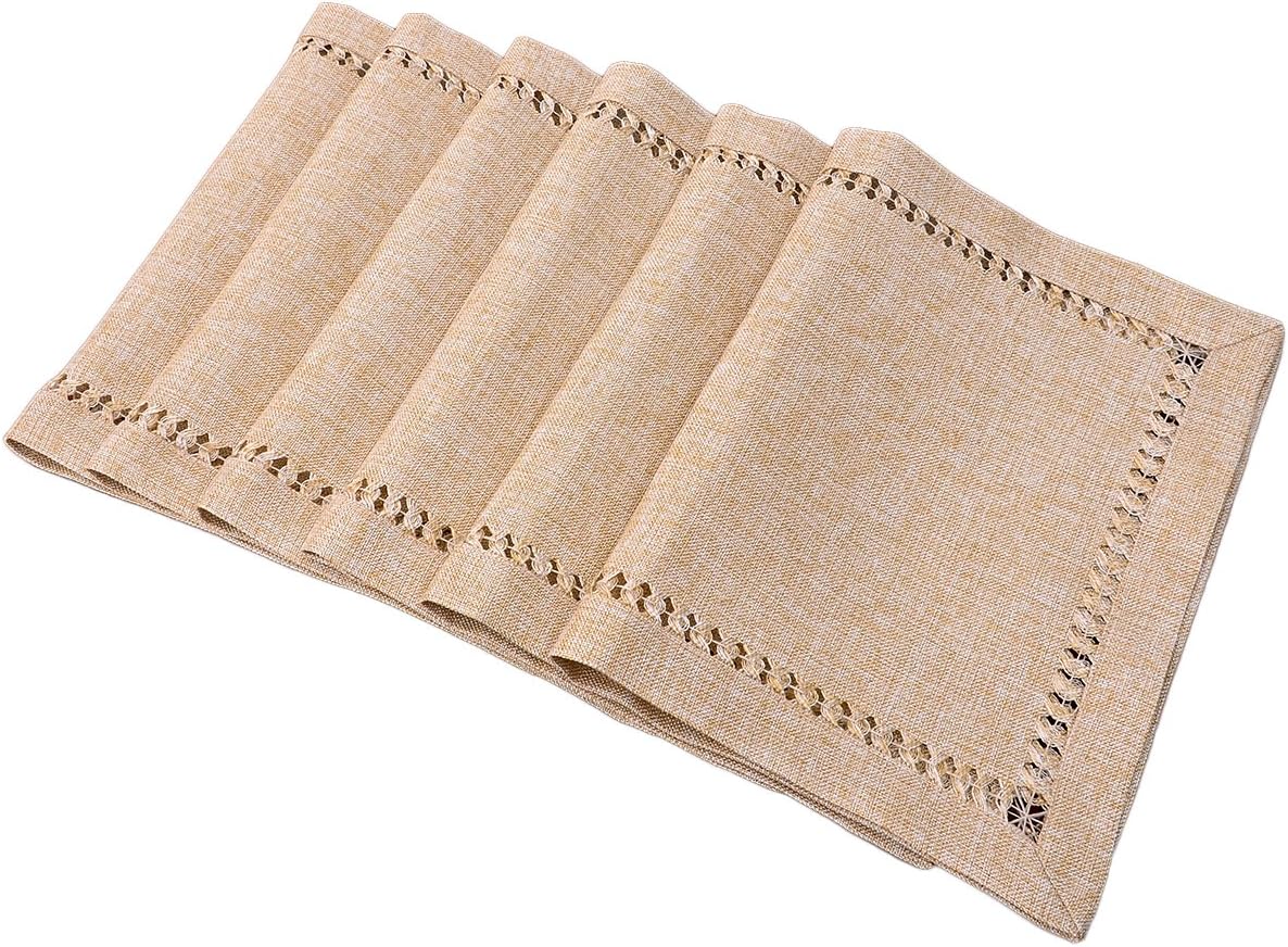 Grelucgo Set of 6 Handmade Hemstitch Beige Table Placemats, Rectangular 12 by 18 Inch