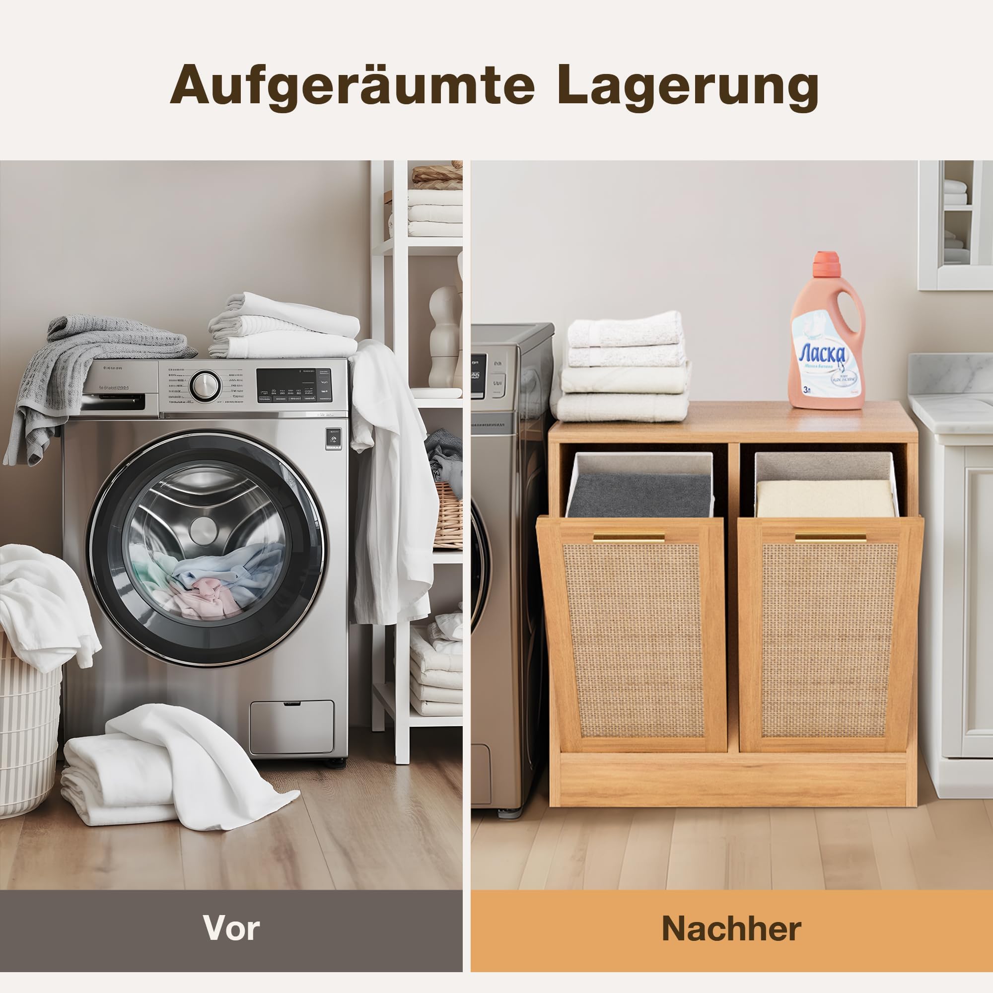 Pamapic Meuble de Salle de Bain, Armoire à Linge avec 2 Paniers à Linge, Meuble Bas de Salle de Bain avec Design en Rotin Véritable, Sac Intérieur Amovible avec Poignées, 66 x 40 x 68 cm, Naturel