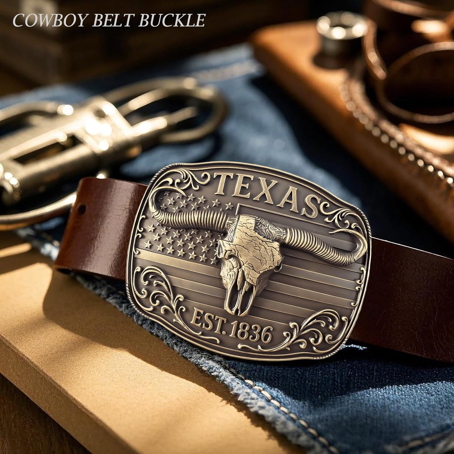 Cowboy Belt Buckle for Men Women Vintage Rodeo Texas Map 1836 Longhorn bull Western Belt Buckles - Image 5