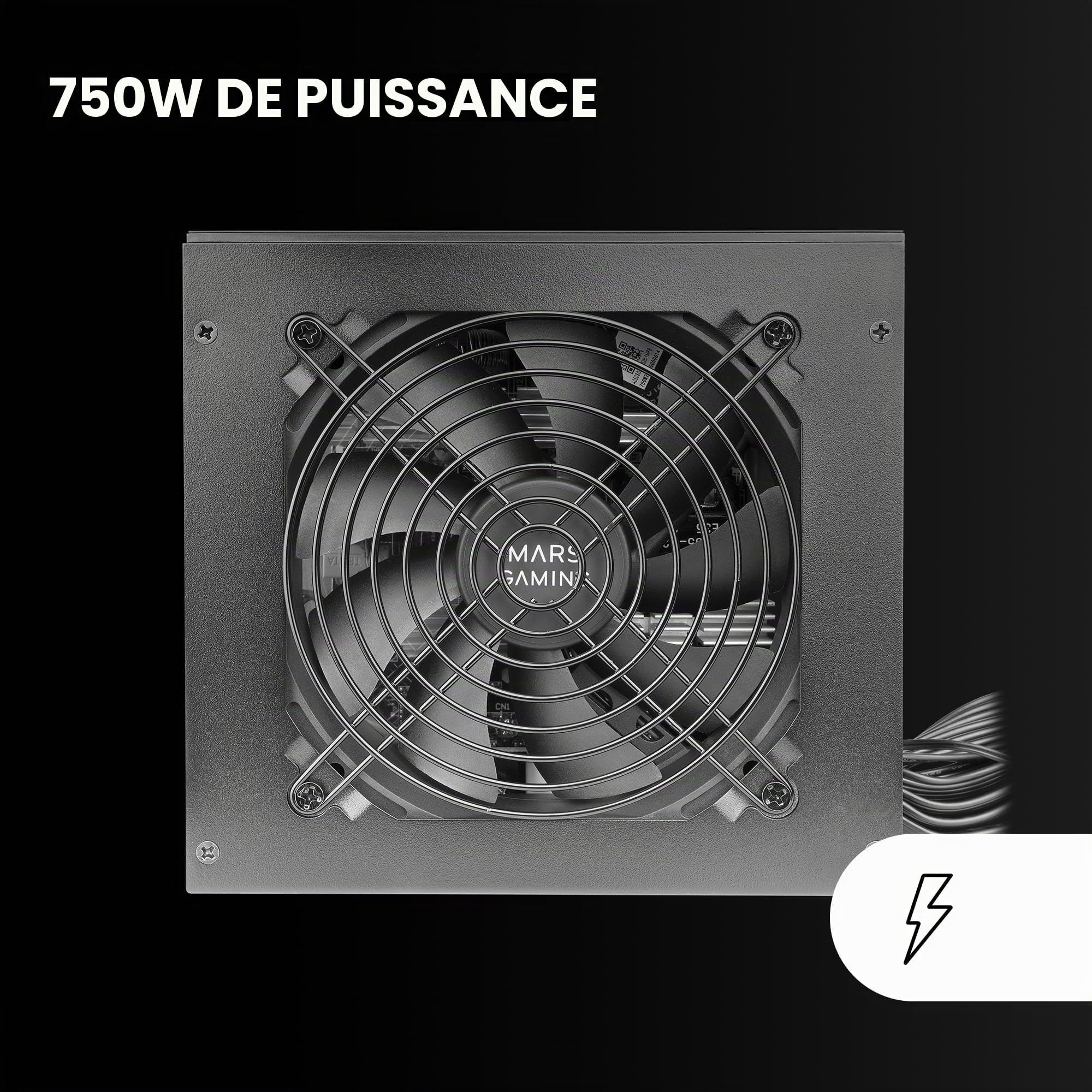 Mars Gaming MPB750S, Alimentation ATX ARGB 750W, Garantie de 6 Ans, 80Plus Bronze 230V EU, Efficacité de 90%, Ventilateur 120mm AI-RPM, Éclairage ARGB MB Control, Technologies DC-DC et SMD, Noir